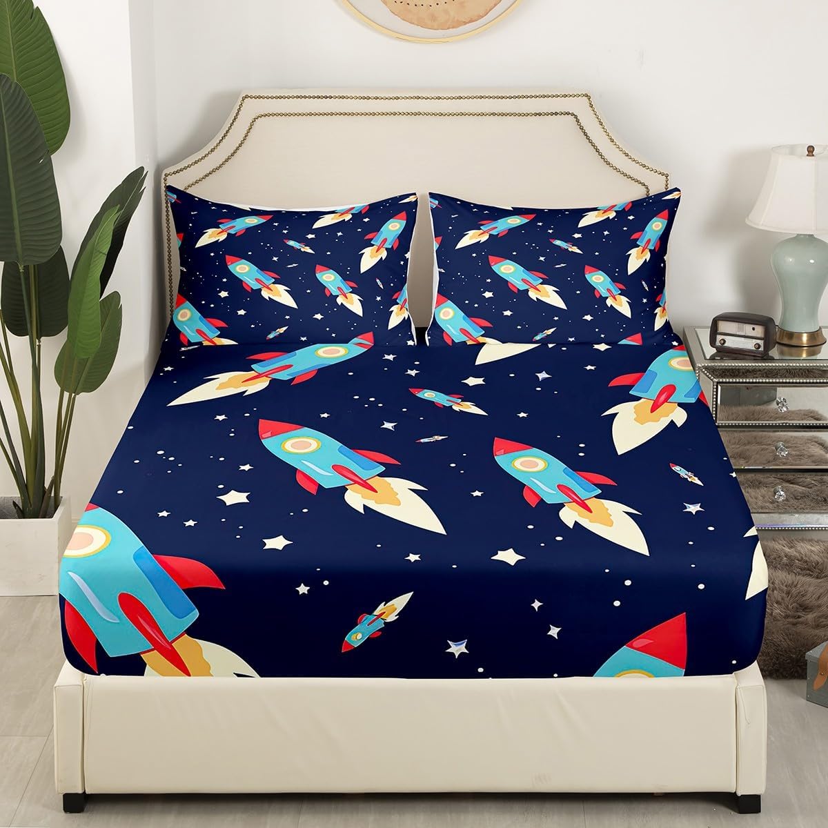 Erosebridal Rocket Fitted Sheet Cartoon Bed Cover Starry Sky Printed Bedspread,Full Size Modern Cute Bedroom Decorative 3 Pieces Bedding Set (1 Fitted Sheet 2 Pillow Cases) Navy