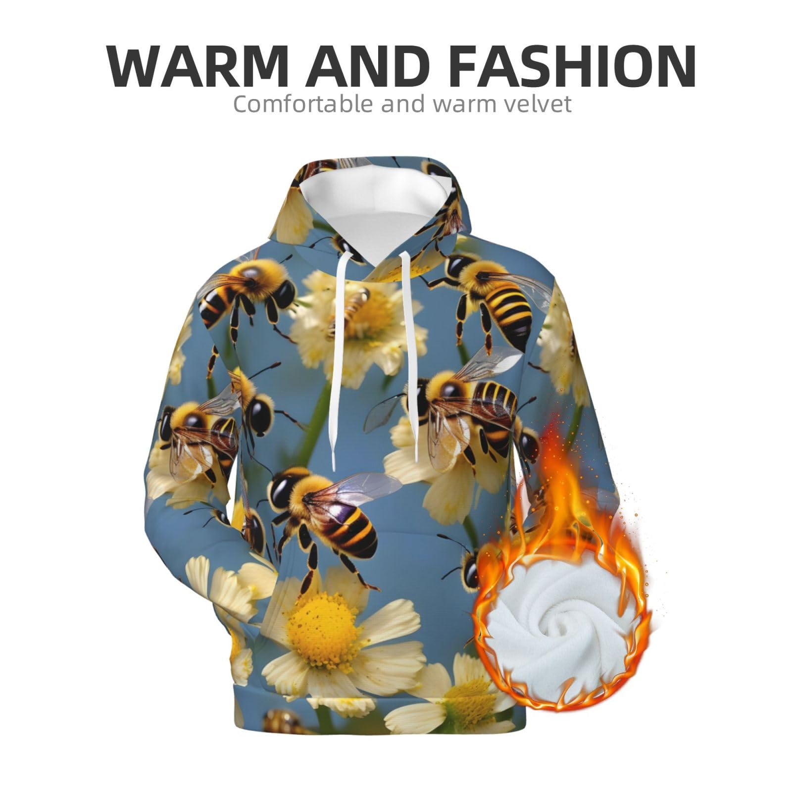 Męska bluza z kapturem z nadrukiem kwiatów pszczół, casualowa grafika z nadrukiem bluzy z kapturem z kieszenią