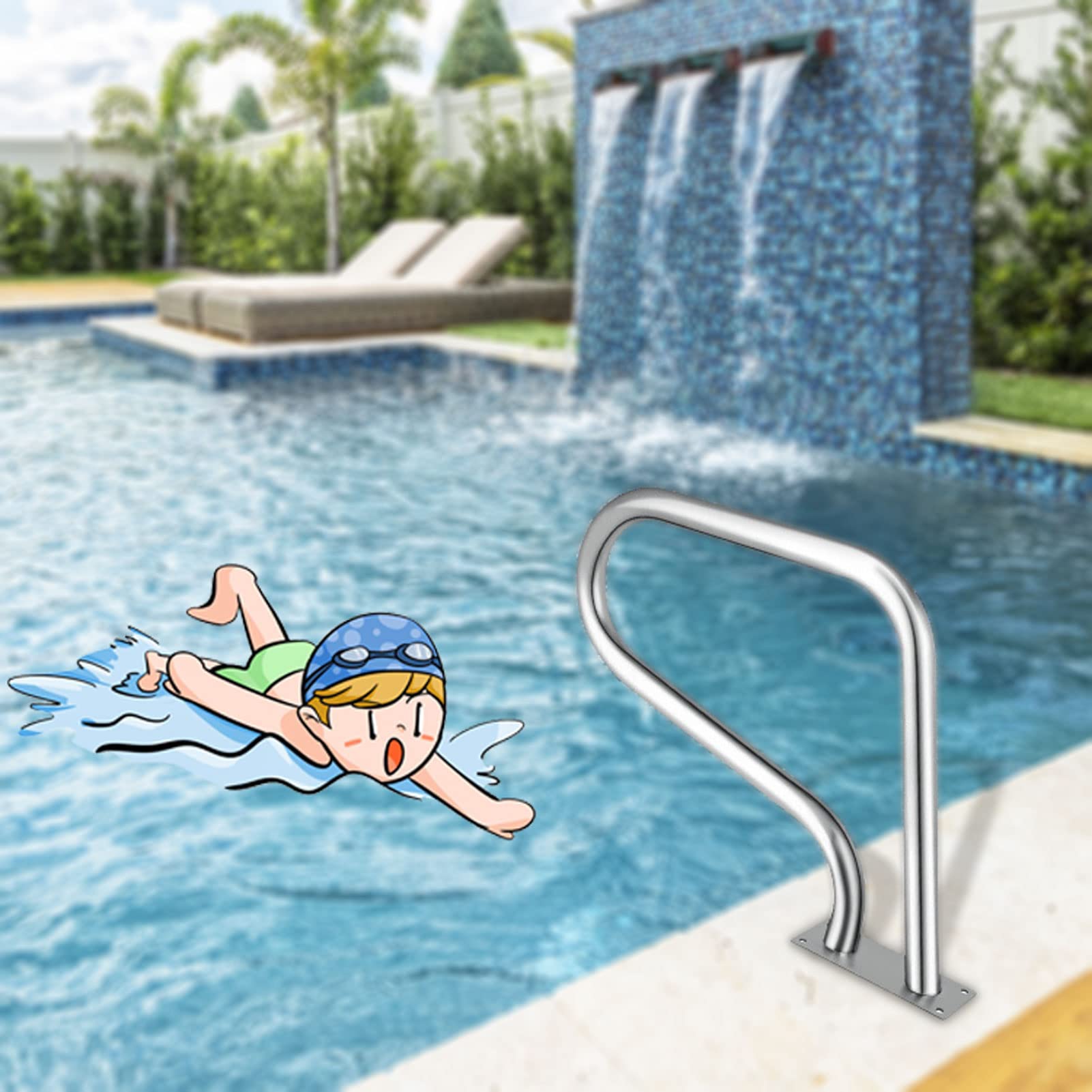 Main courante de piscine contre les glissades avec plaque de renfort pour terrasse
