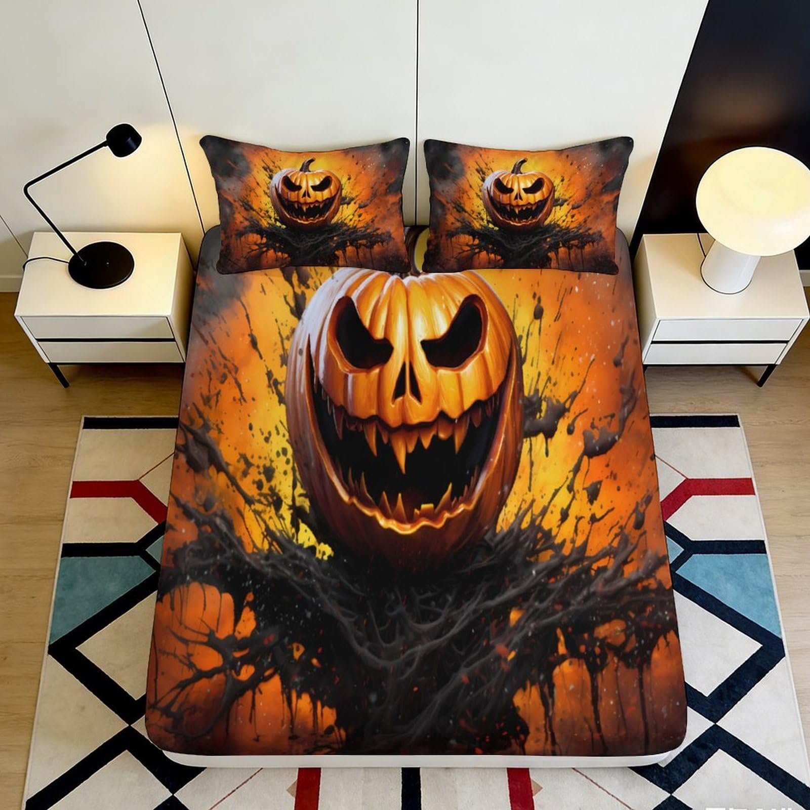 Decor Pumpkin Fitted Sheet 3D Printed Halloween Design Microfiber soft touch for home bedroom guest room bedding 90x200x25cm
