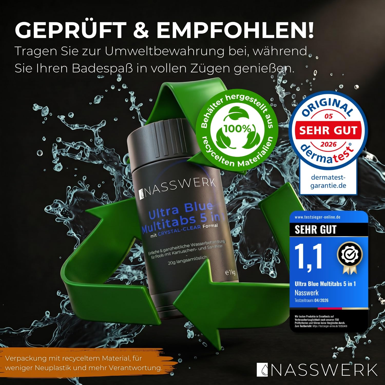 NASSWERK 5 in 1 Chlortabletten für Pool 20g (1kg bis 10kg) | Langzeit Ultra Blue Multitabs 5 in 1 für Pool & Whirlpool | Mini Chlortabs mit Chlor, Algizid, pH Regulierer, Reiniger & Aquamarin
