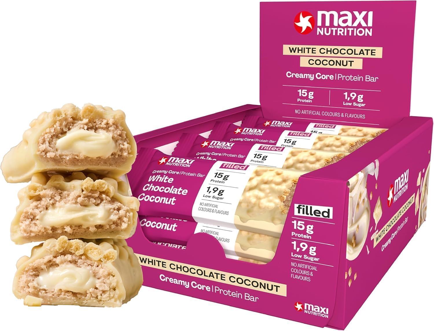 MaxiNutrition Creamy Core Protein Bar White Chocolate Coconut, 12 x 45 g, 15 g di proteine per porzione