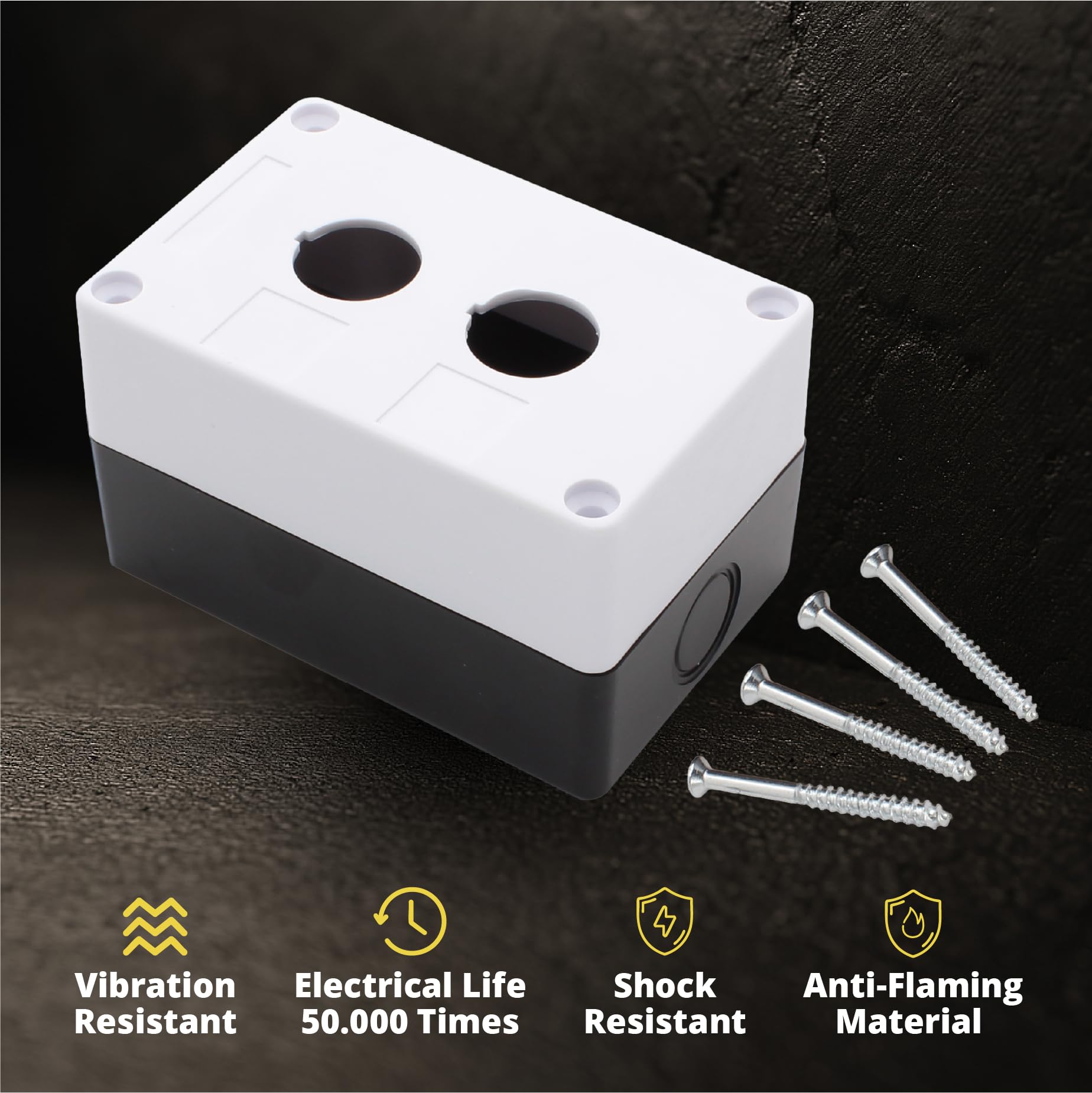 Caja de estación de control de interruptor de botón – 22 mm, doble agujero de botón, a prueba de polvo e impermeable, 1NO/1NC, material ABS, modelo JL-BX2 (blanco y negro) (paquete de 2)