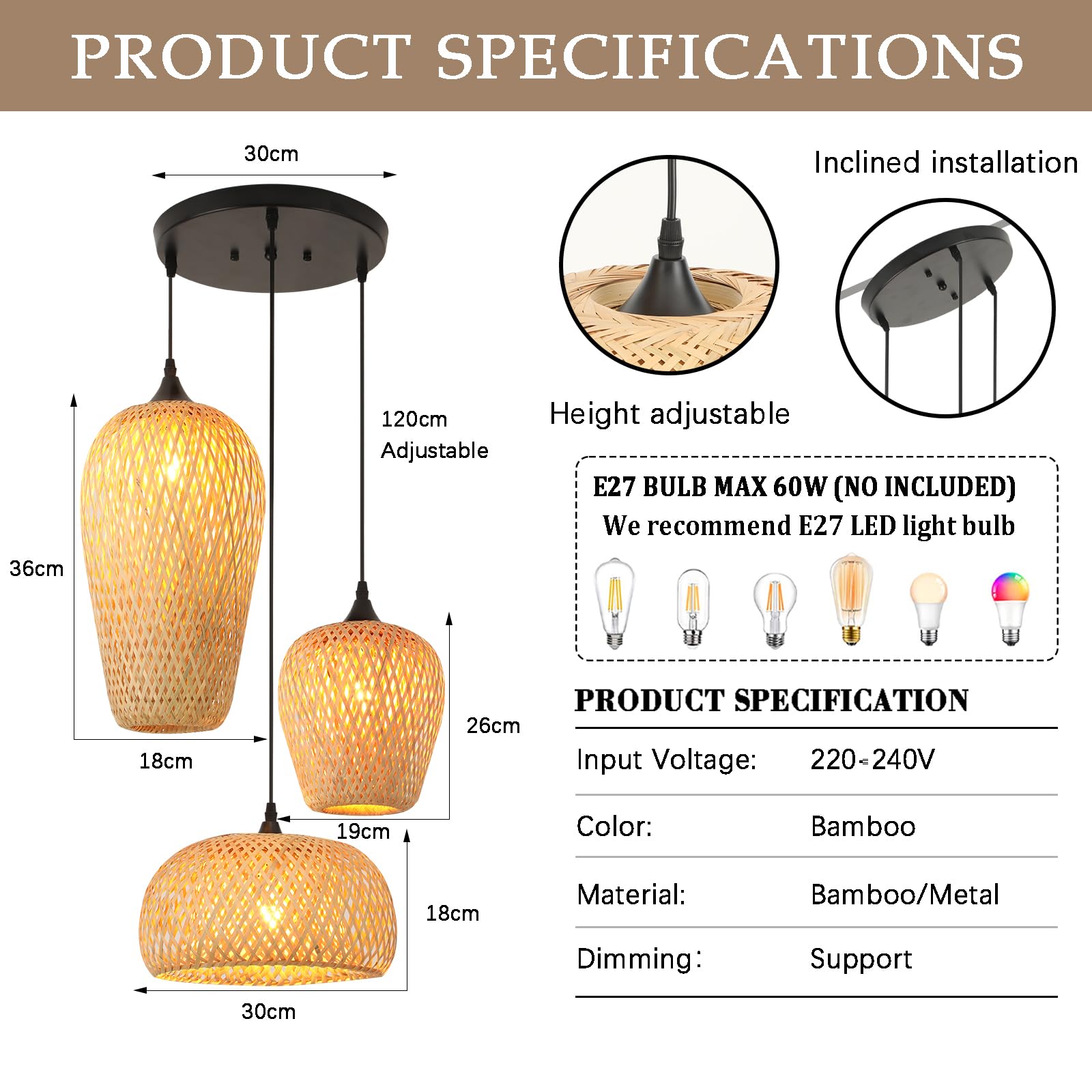 Lampenschirm HäNgelampe Bambus 3-Flammig,Boho Pendelleuchte Esstisch Handgewebt Laterne Vintage Lampe E27 Wohnzimmerlampe For KüChe Schlafzimmer