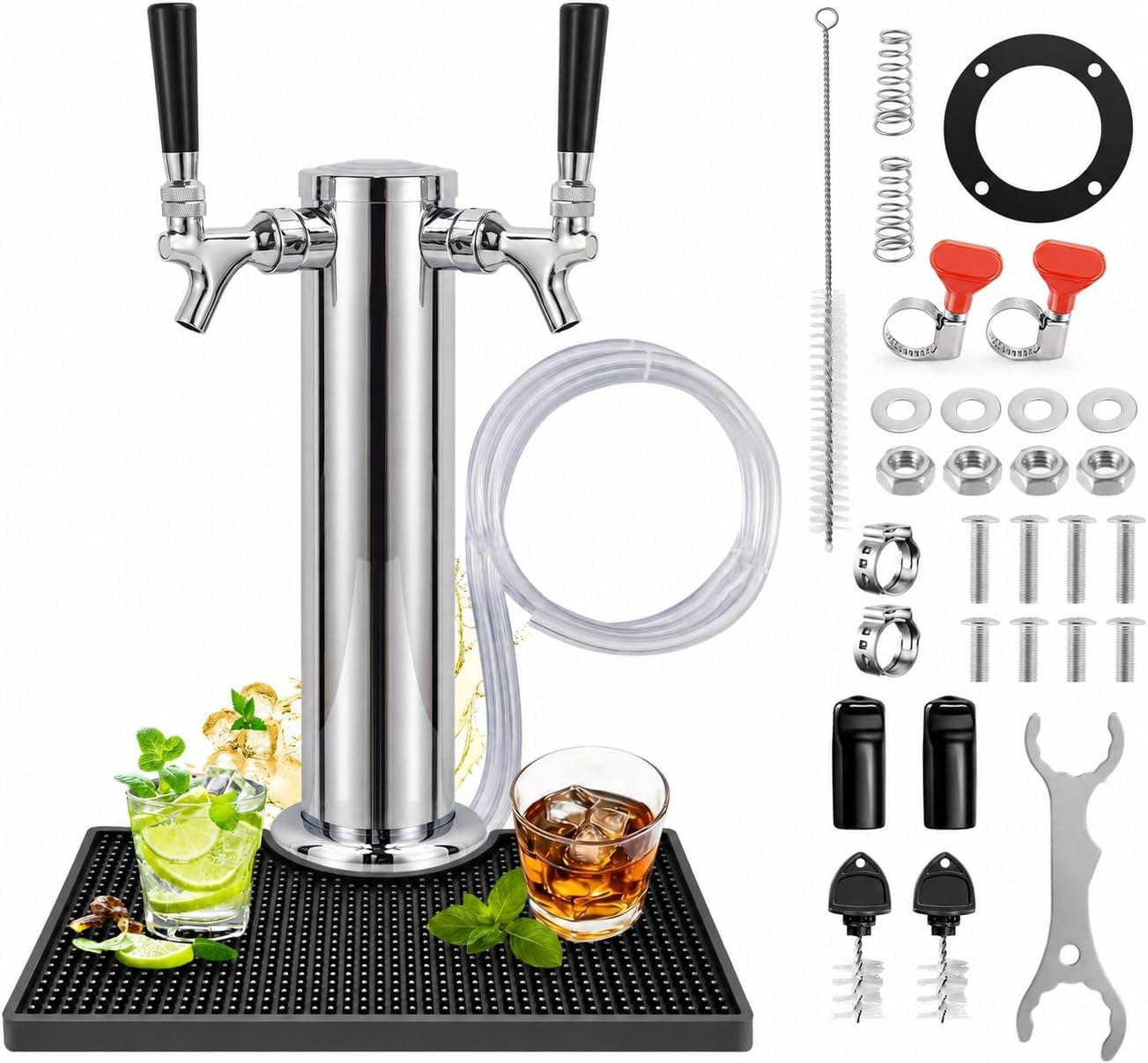 Dual Tap Kegerator Tower, 3" Beer Tap Tower with PVC Beer Drip Tray Mat
