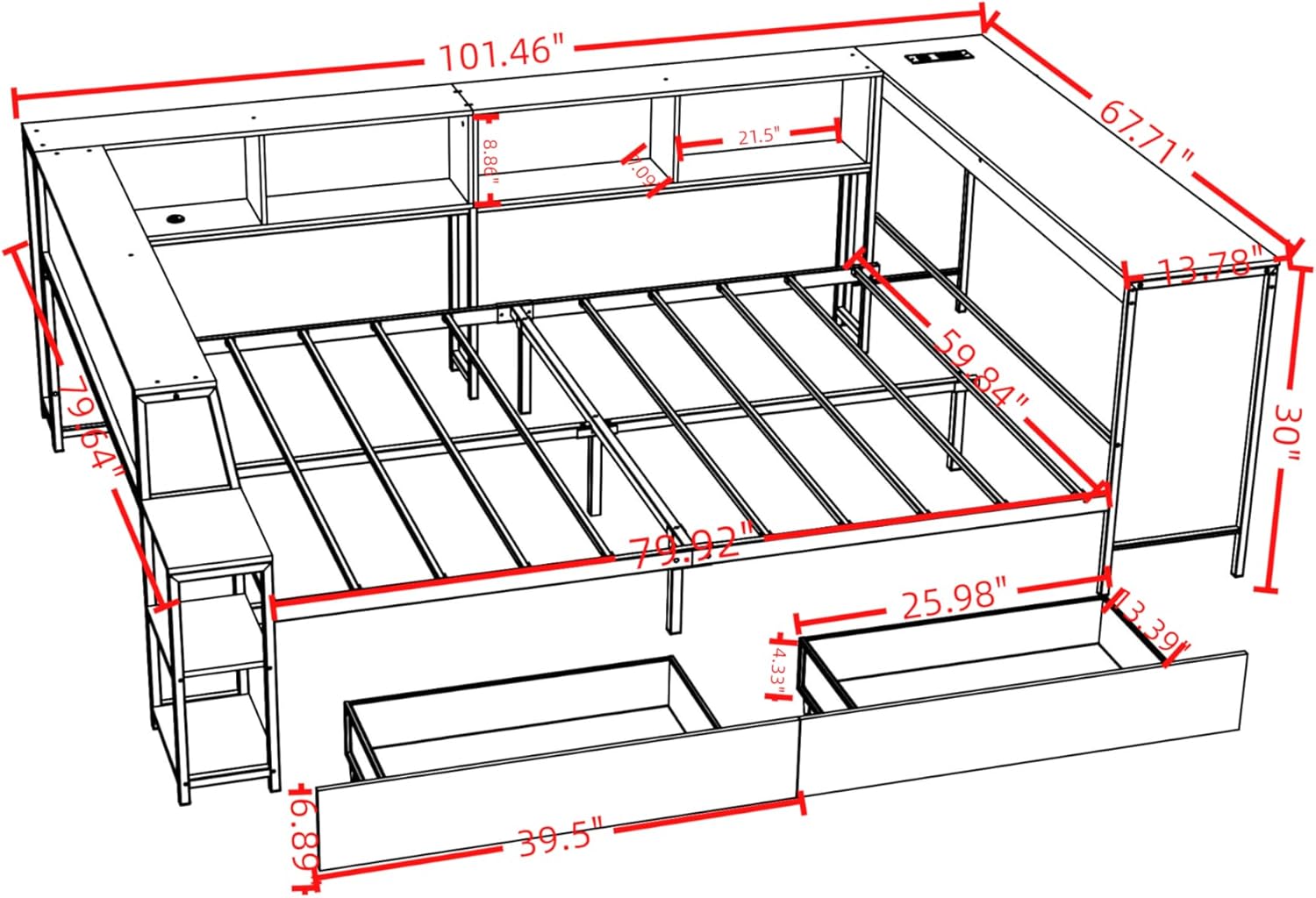 Bellemave Queen Corner Bed Frame with Desk and Storage, Queen Size Captains Bed with Charging Station and LED Light, Wood Daybeds with L-Shaped Bookcase and 2 Drawers, Black