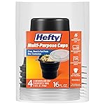 Hefty Multi-Purpose Black Plastic Cups with Lids, Reusable To Go Cups with Lids, Holds Food and Drink, Fits Most Car Cup Holders, Leak-Resistant Lid, Microwave Safe, Dishwasher Safe, 4 Count