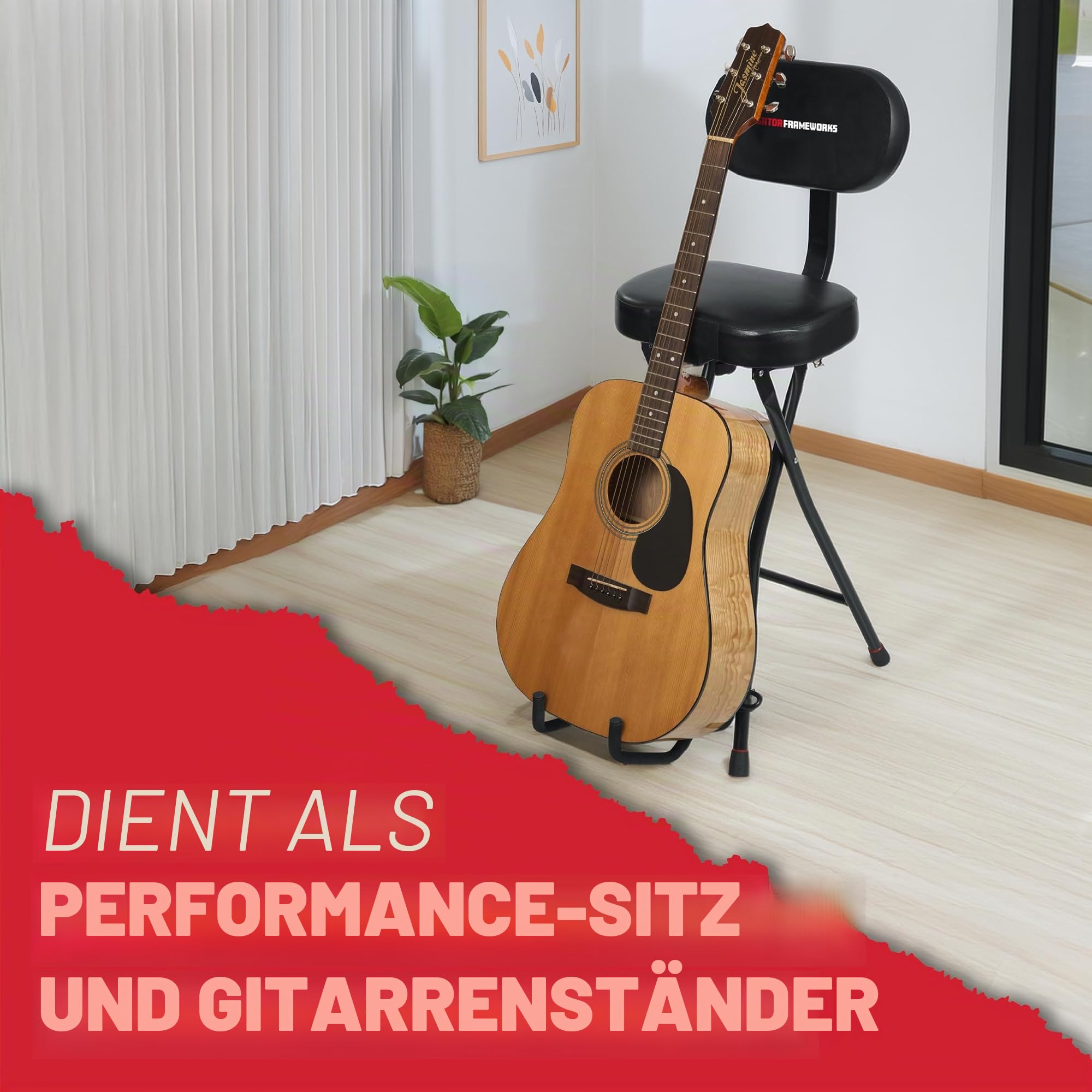 Gator Frameworks Gitarrensitz mit gepolstertem Kissen, ergonomischer Rückenlehne und ausklappbarem Gitarrenständer; geeignet für Akustik- und E-Gitarren (GFW-GTR-SEAT)