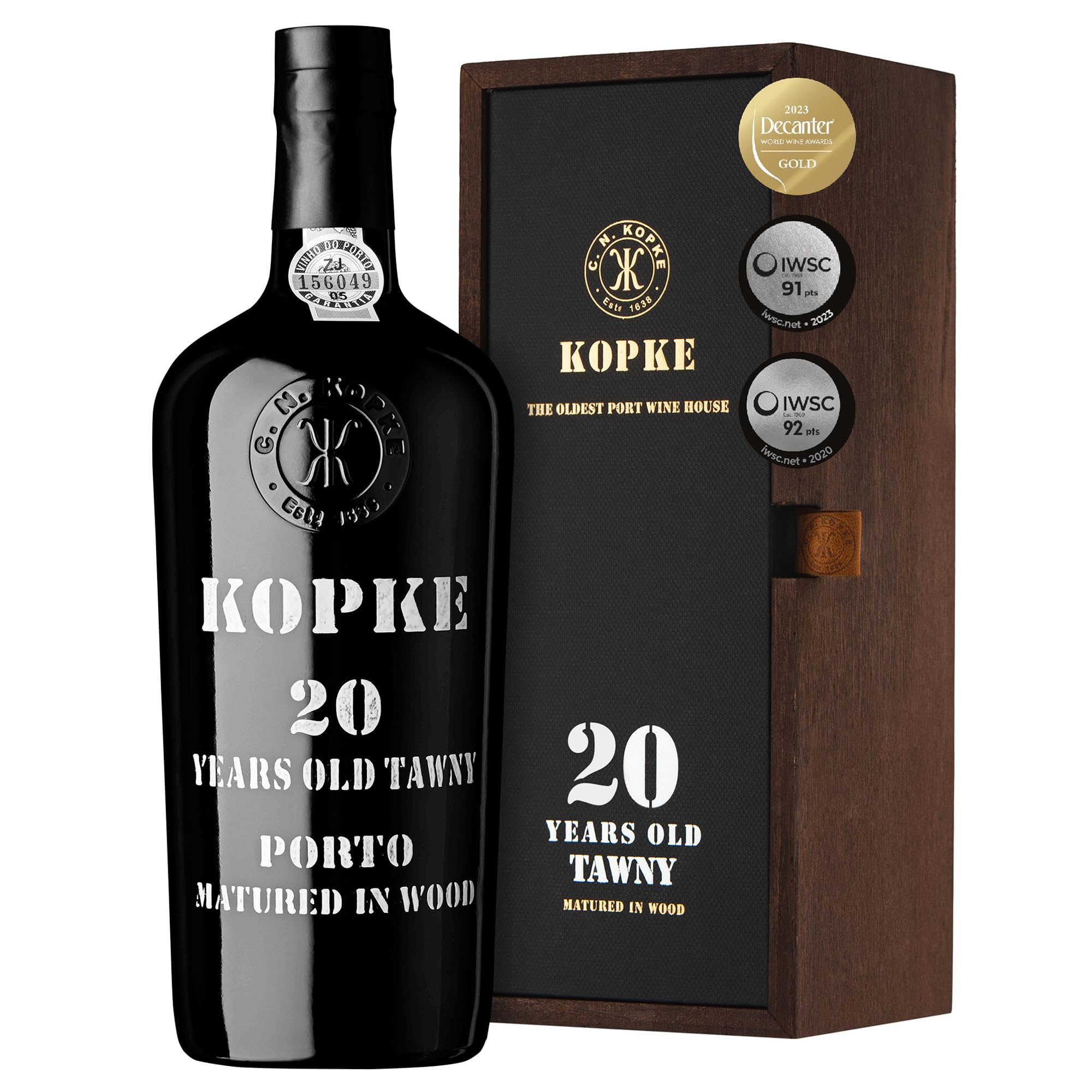 Kopke Porto Tawny 20 Ans – Vin de Porto Rouge Raffiné Vieilli en Fût de Chêne | Vin de Dessert Récompensé | Bouteille Élégante de 0,75L (20% Vol.) dans un Coffret Cadeau en Bois