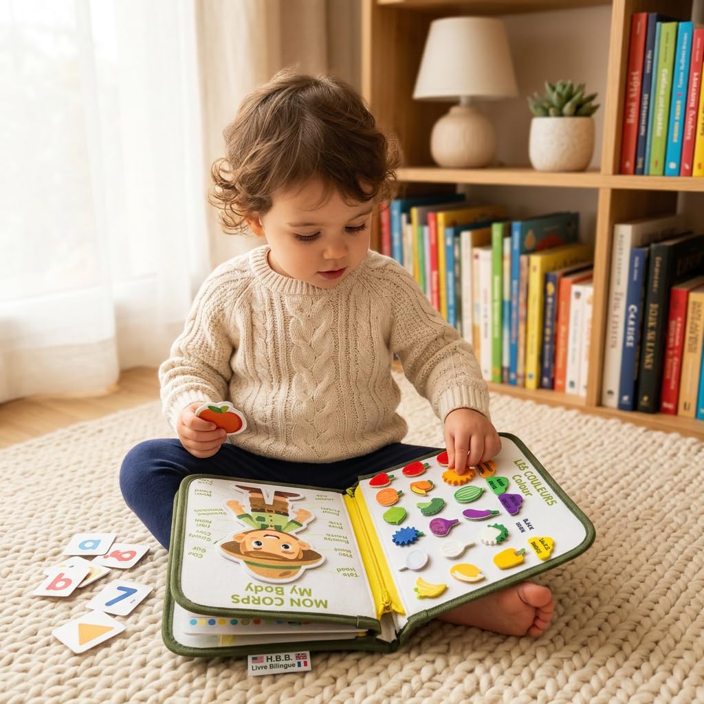 Générique Jouet Éducatif Montessori 9-en-1 – Busy Board Bilingue Français/Anglais, Développement Sensoriel, Motricité Fine & Apprentissage Ludique pour Enfants de 1 à 5 Ans