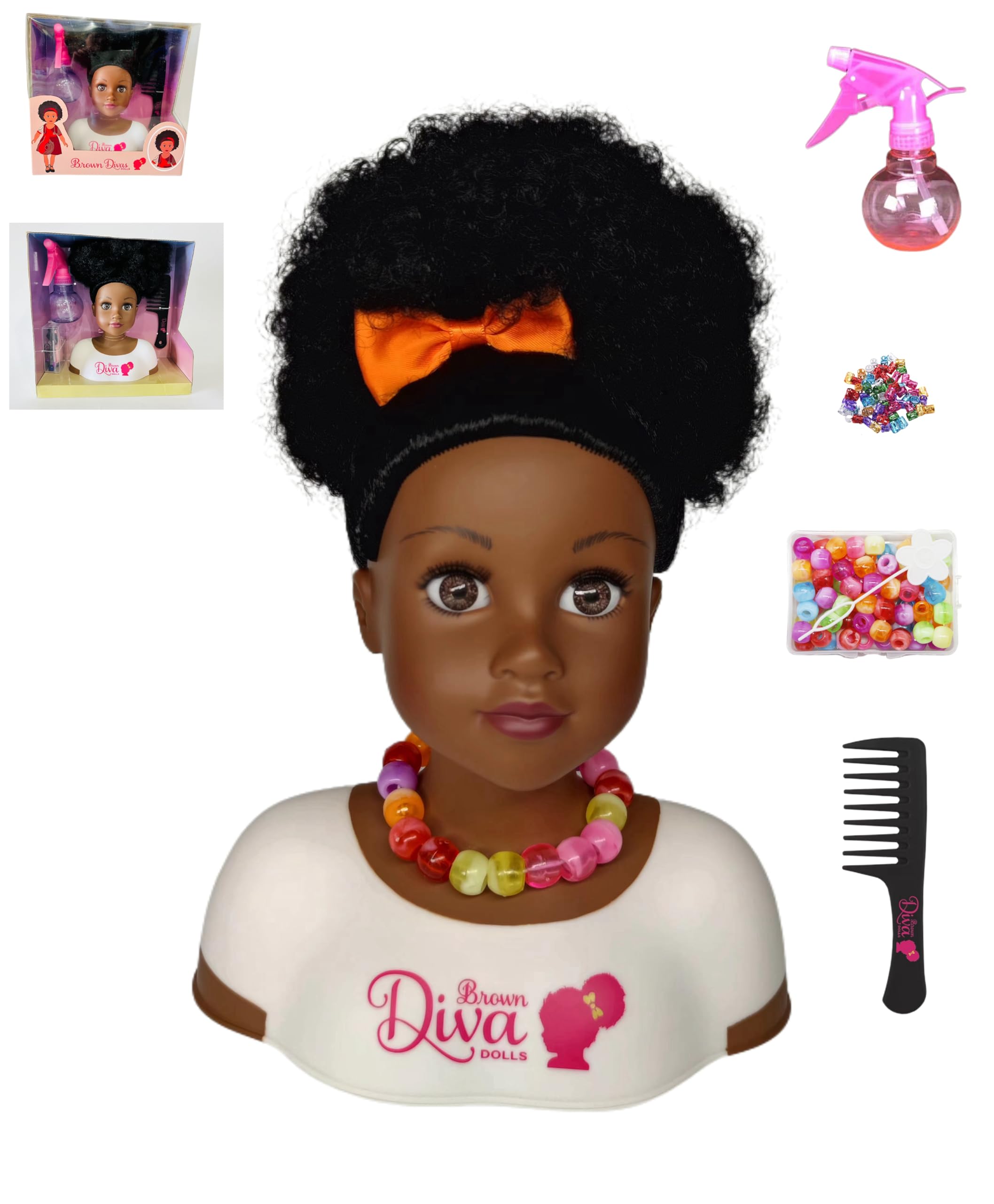 Black African Brown Styling Head Dolls with Curly Afro Hair and 5 Accessories, for Kids, Kids Toys for Ages 3 Up (Diva 02, 11 inch)