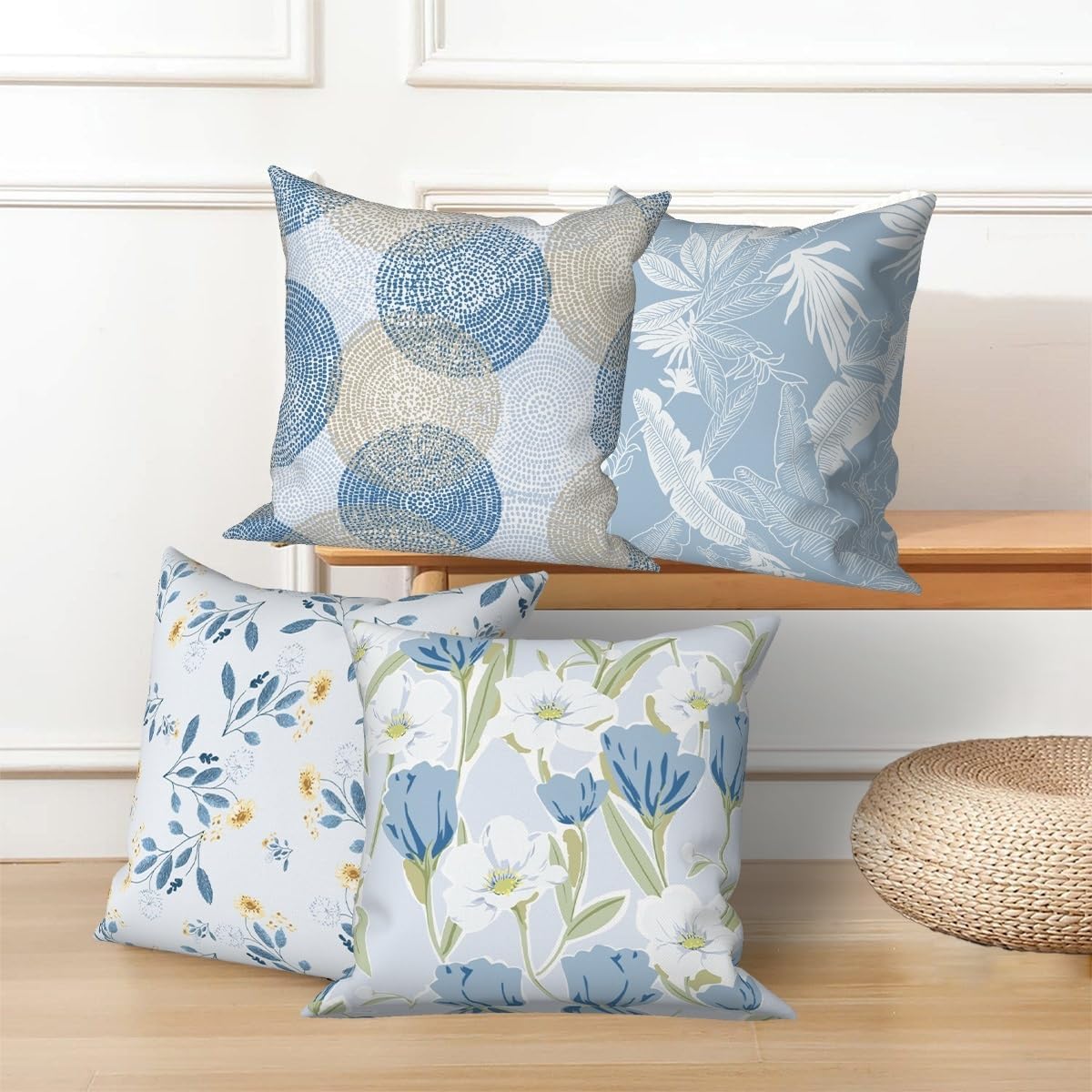 Light Blue Pillow Covers 18''x18'' Set of 4, Rustic Floral Sofa Cushion Covers Geometry Printed Pillowcases for Couch Sofa Bedroom Farmhouse Livingroom Garden Patio Car Outdoor Decorative