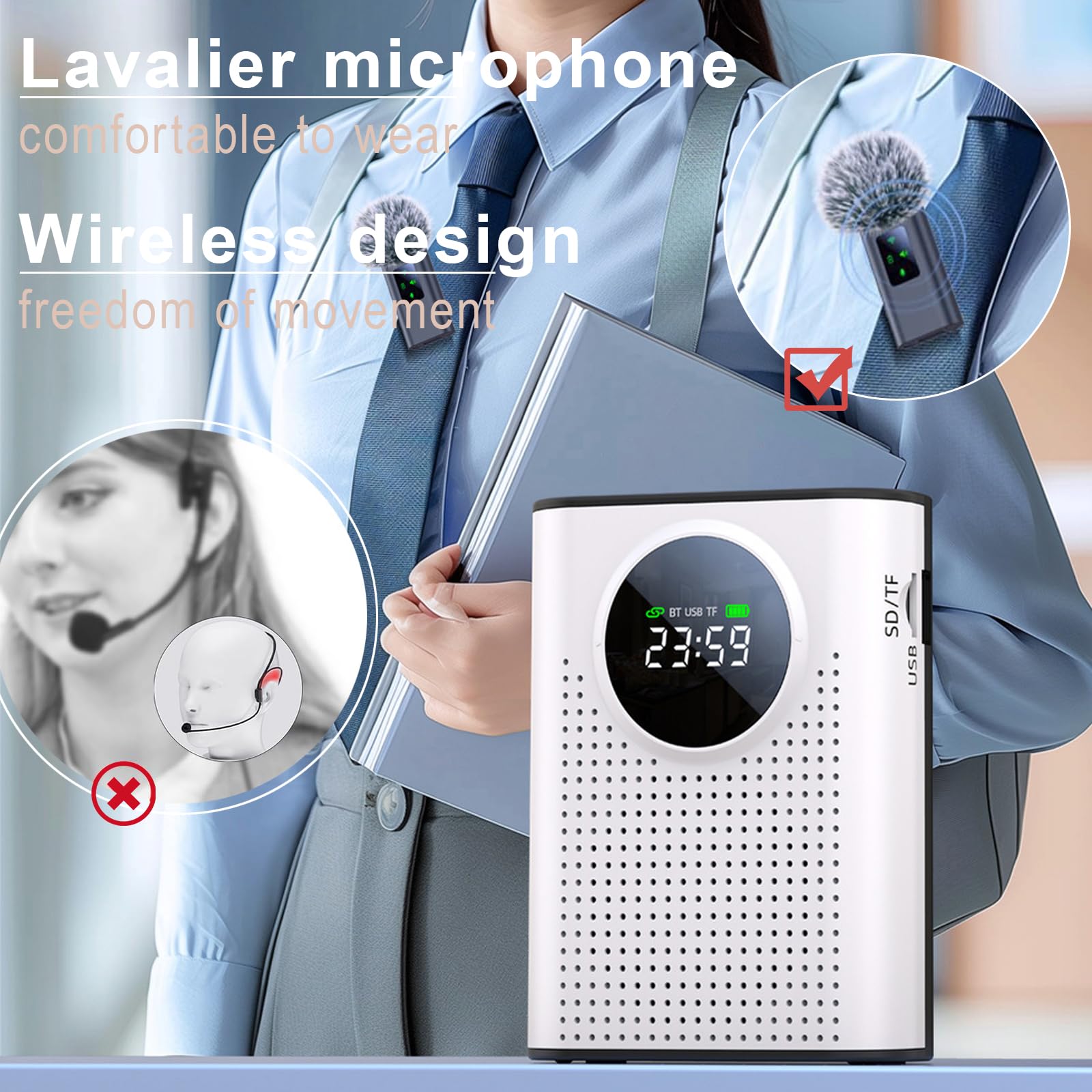 Amplificateur de Voix Sans Fil avec Microphone Lavalier, Portable Enceinte avec Micro 2,4 GHz Prise en charge Bluetooth/carte TF/clé USB/entrée AUX pour Enseignants, Guides, Présentateurs, Conférences