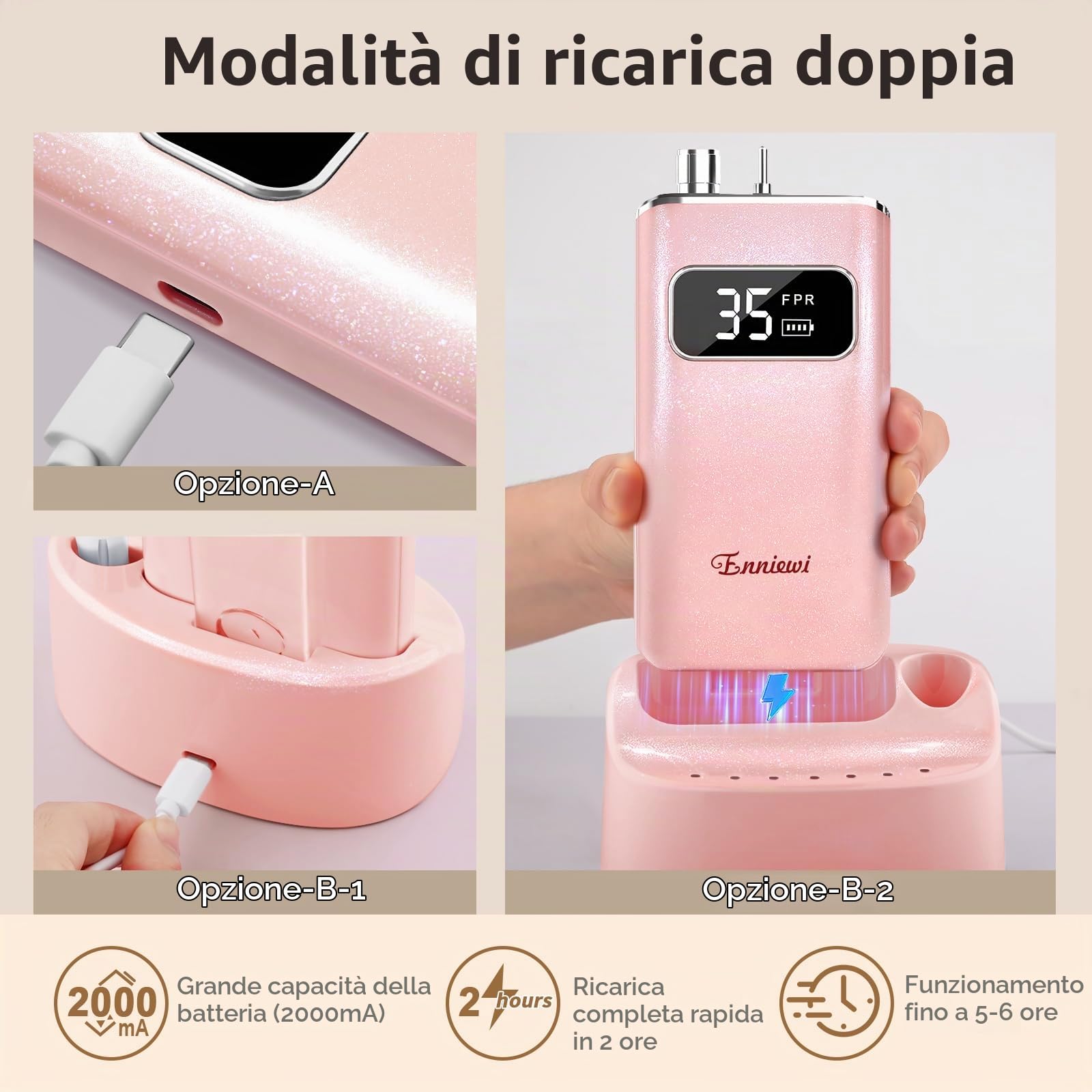 Fresa per Unghie Professionale 35000 RPM, Set Manicure Elettrico con Base di Ricarica e 7 Frese, Lima per Unghie Elettrica Portatile Ricaricabile, Trapano Elettrico per Rimozione Gel, Rosa
