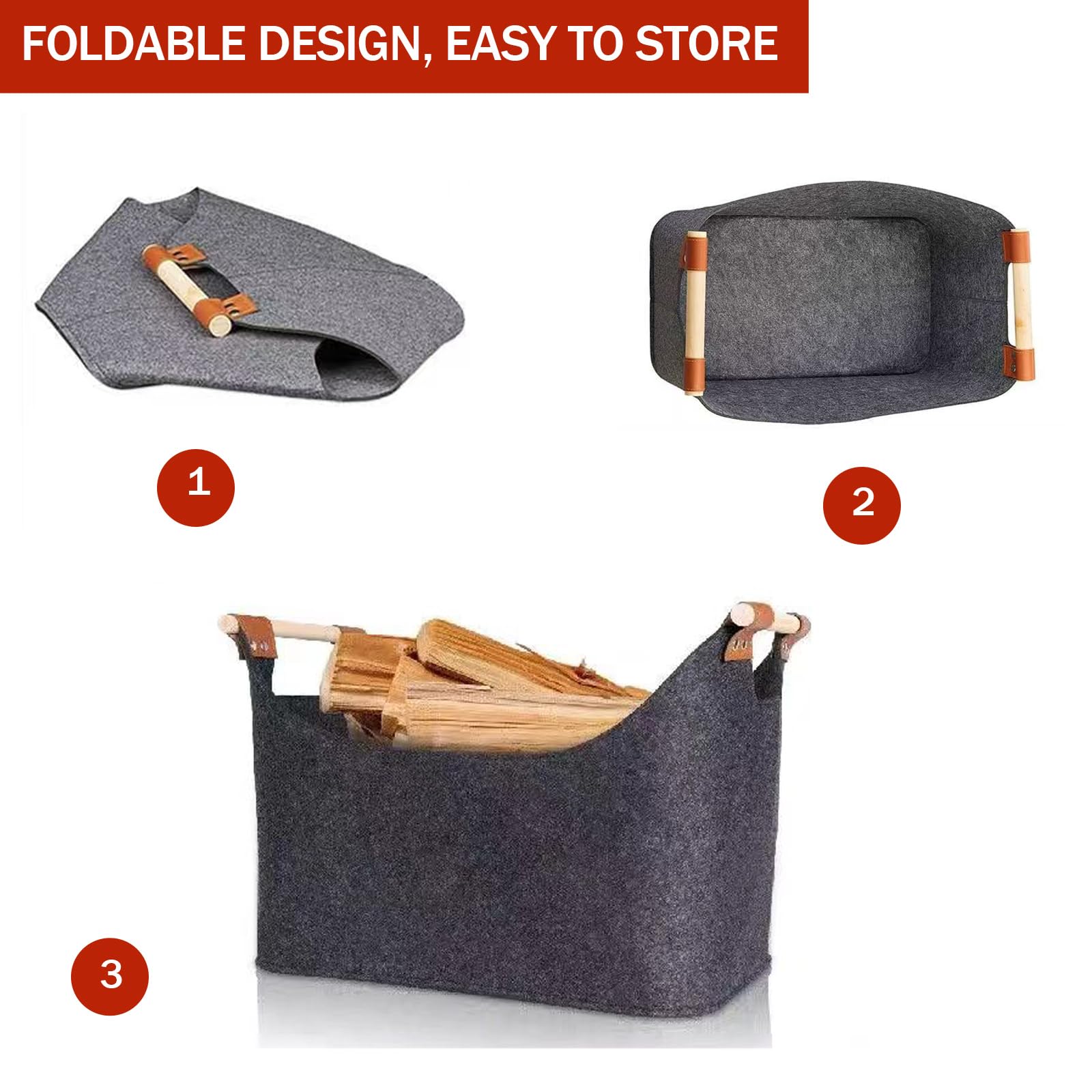 Panier à bûches XXL 70L Feutre Pliable Sac à Bois pour Cheminée 55 x 32 x 40 cm Gris Foncé