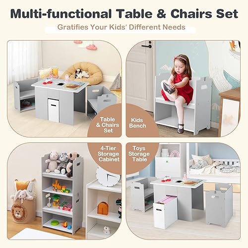 Miniatura 2 de HONEY JOY Juego de mesa y silla para niños, mesa convertible para niños y 2 bancos y estantería organizadora de almacenamiento de juguetes de 4
