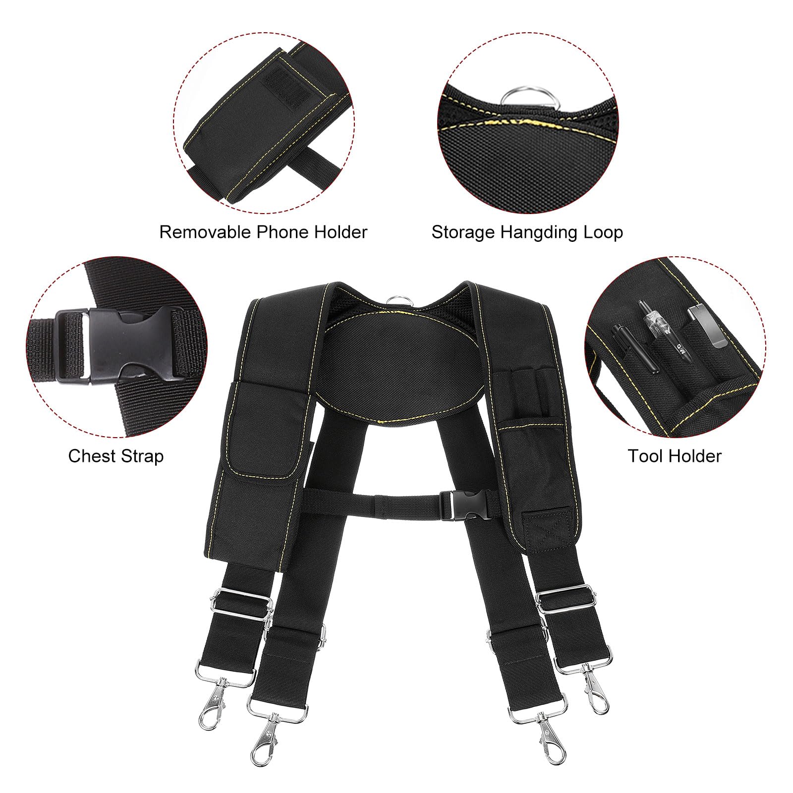 QUARKZMAN Bretelles pour Framer Carpenter Electrician Tool Belt Noir/Rouge | Bretelles De Ceinture À Outils Avec 4 Boucles D'Attache Bracelet Magnétique Support De Téléphone Mobile Porte-Crayon