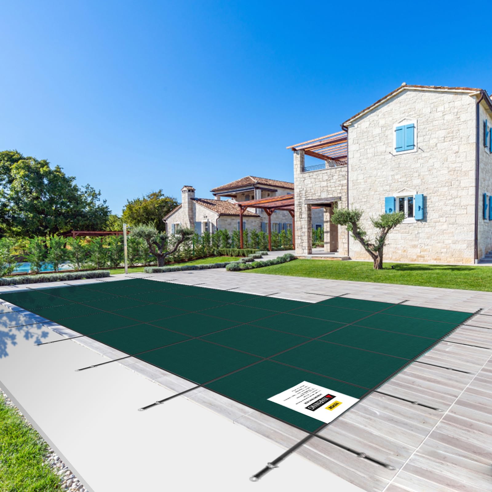 VEVOR Inground Pool Safety Cover, 16 ft x 32 ft Rectangular Winter Pool Cover with Left Step, Triple Stitched, High Strength Mesh PP Material, Good Rain