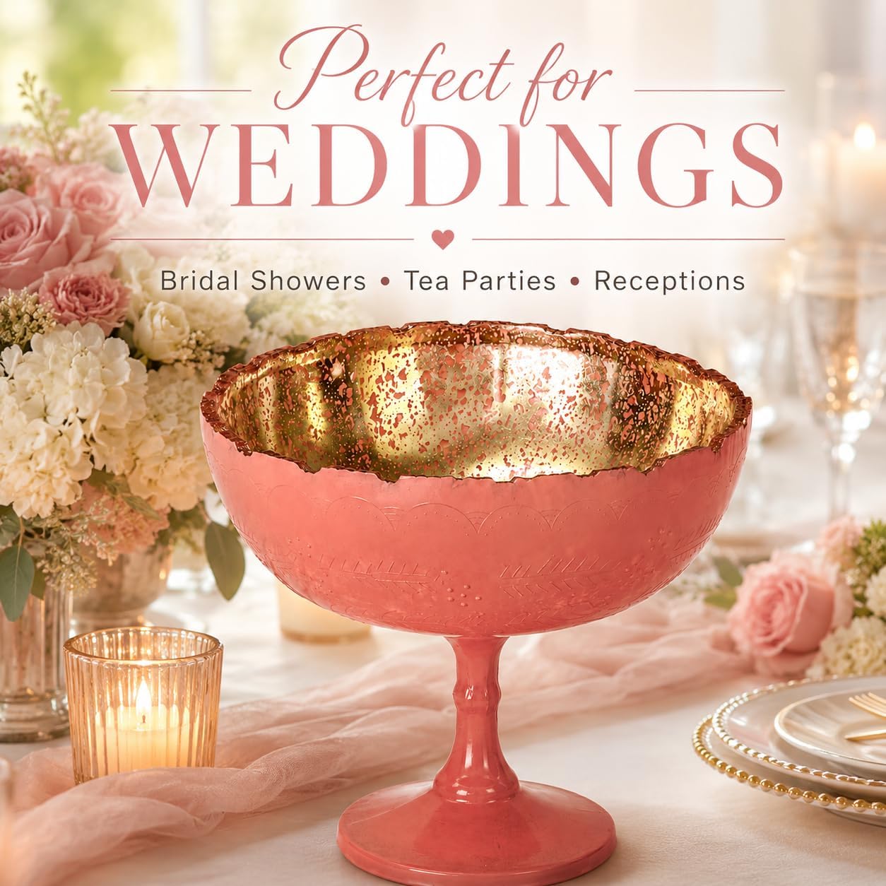 Koyal Wholesale Blush Pink Glass Compote Bowl 8 Inch Pedestal Flower Bowl for Centerpieces, Floral Arrangements, and Wedding Decor | Decorative Pink Bowl Vase image 5