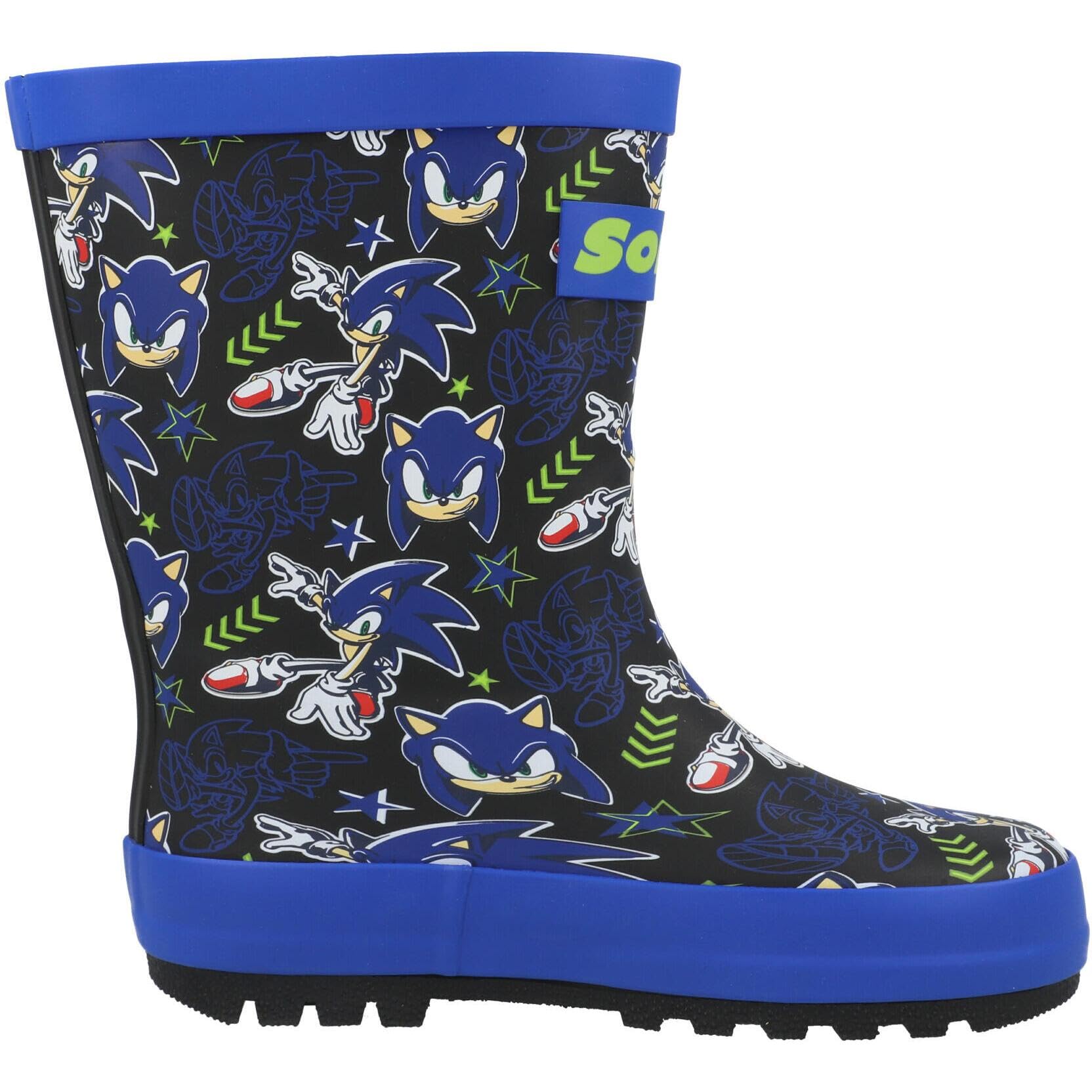 SONIC THE HEDGEHOG Botas de lluvia de goma impermeables con suela de agarre para niños, con licencia oficial, con estampado de personajes azules, botas Wellington para niños, talla 8 a 1