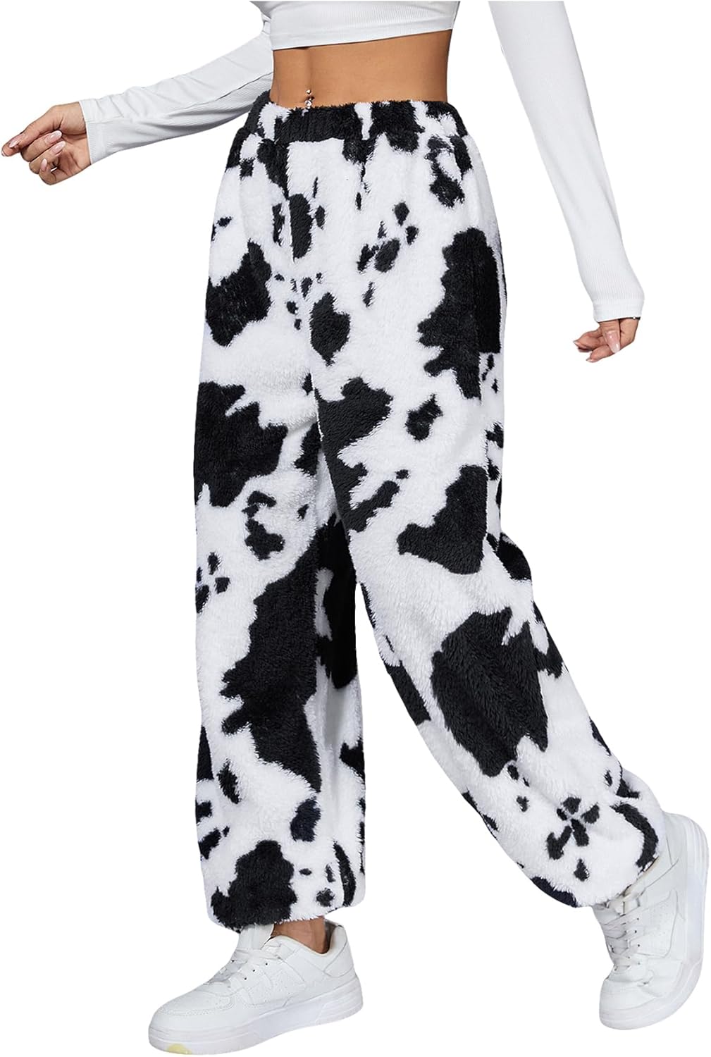 WDIRARA Women's Cow Print Elastic Casual Straight Leg Teddy Fluffy Fuzzy Warm Pants
