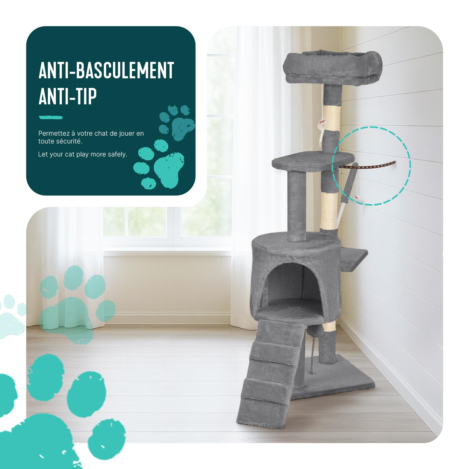 VOUNOT® Tiragraffi per Gatti Alto 112 cm, Albero per Gatti Multilivello, Centro Attività per Gatto con Pali Tiragraffi in Sisal, Cuccia, Piattaforme e Grotta, Grigio