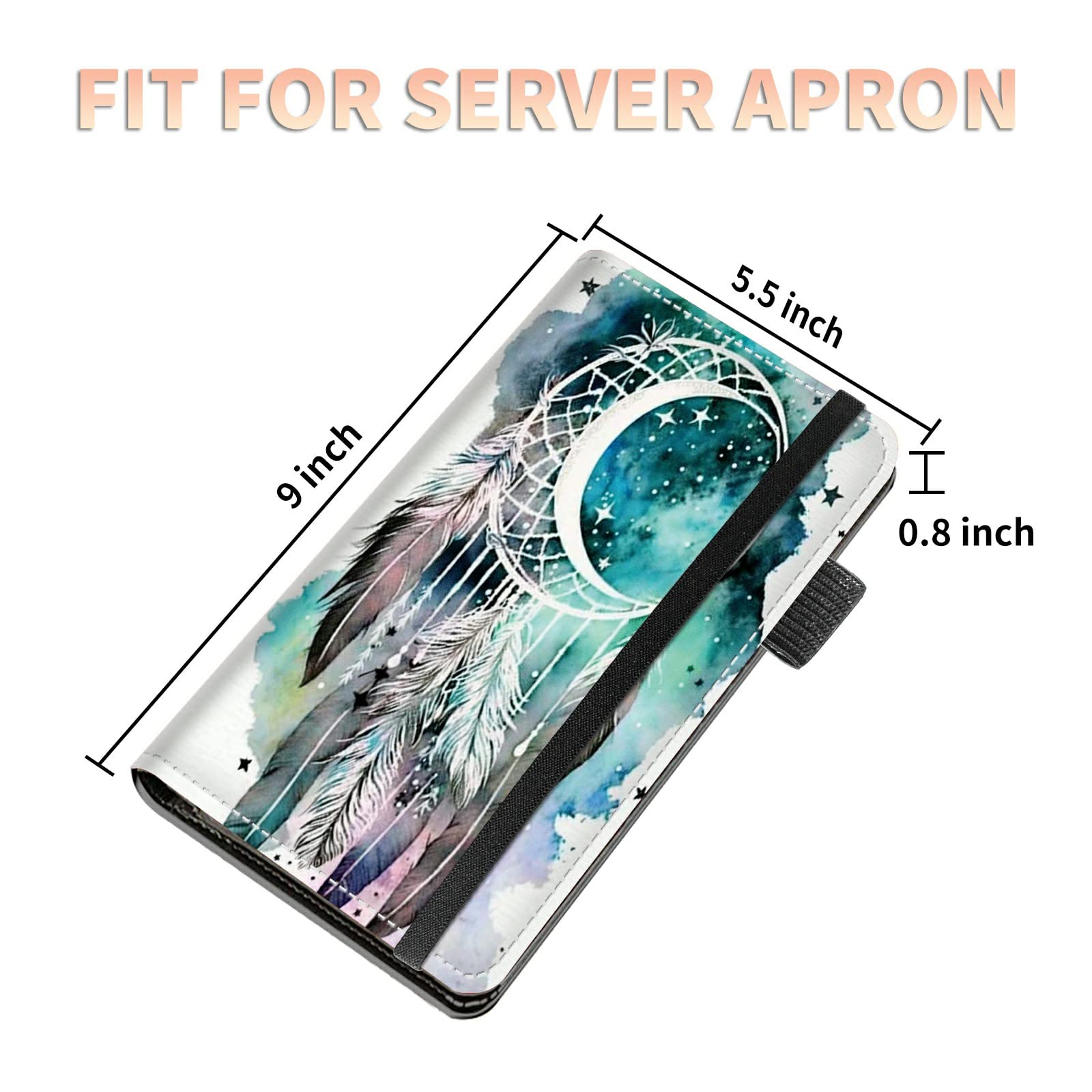 High Volume Server Books, Dreamcatcher Server Book w/ 2 Expandable Pockets 9 x 5 Cute Waitress Book Zipper Pocket & Strap Closure Waitstaff Organizer Server Booklet Waiter Money Wallet
