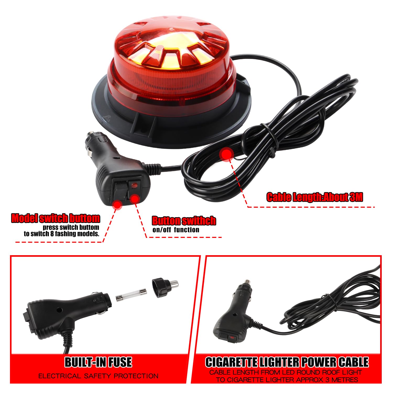 24 LED rotondo auto top lampada rossa lampeggiante di emergenza faro luce 8 modelli lampeggianti super luminoso impermeabile con base magnetica avvertimento luce della polizia adatto per auto