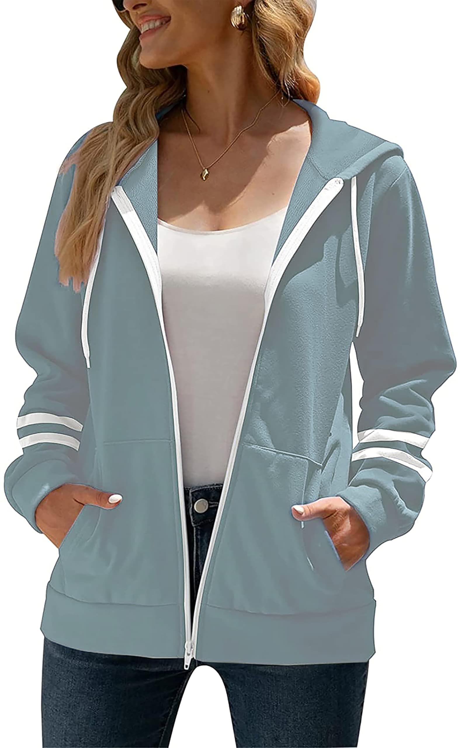 Jhsnjnr Veste de survêtement pour femme avec capuche à manches longues et fermeture éclair - Veste polaire de sport - Veste de jogging
