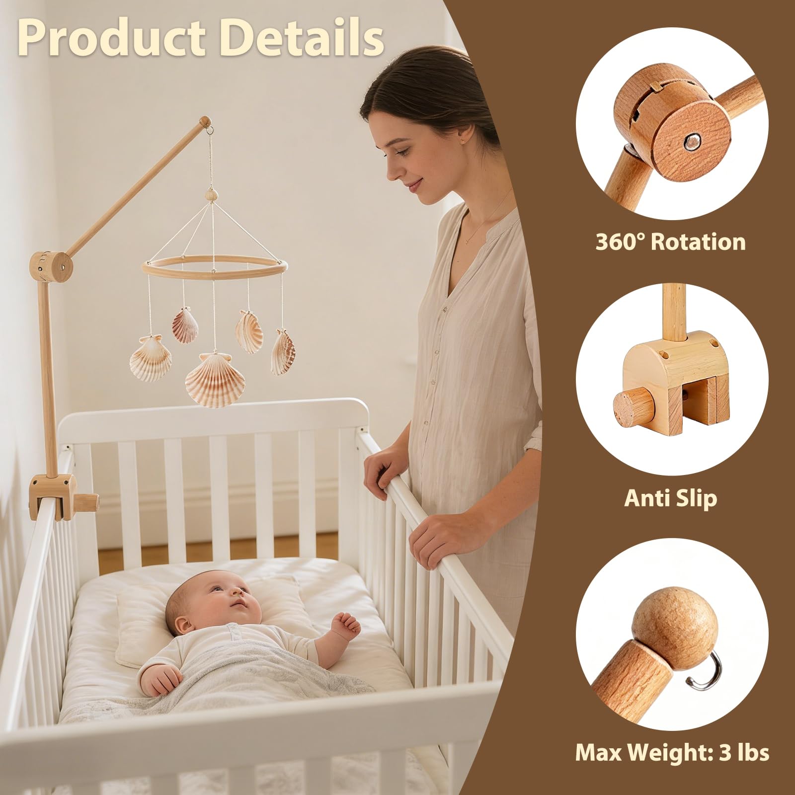 Soporte Móvil para Cuna de Bebé, Soporte de Madera Ajustable para Colgar, Brazo Extraíble 360° Rotación, Ideal Campanas de Viento, Juguetes y Decoración Habitación Infantil