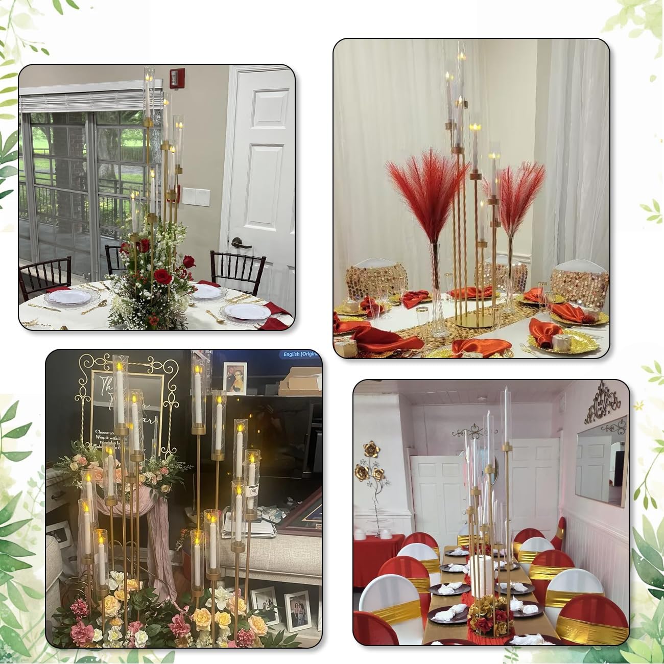 8Sets 7 Arms Candlestick Holder with Acrylic Lampshades for Wedding,48 Inch Tall Gold Floor Candelabra Centerpieces for Birthday Party Home Decoration Fit LED Candles candelabros para centros de mesa