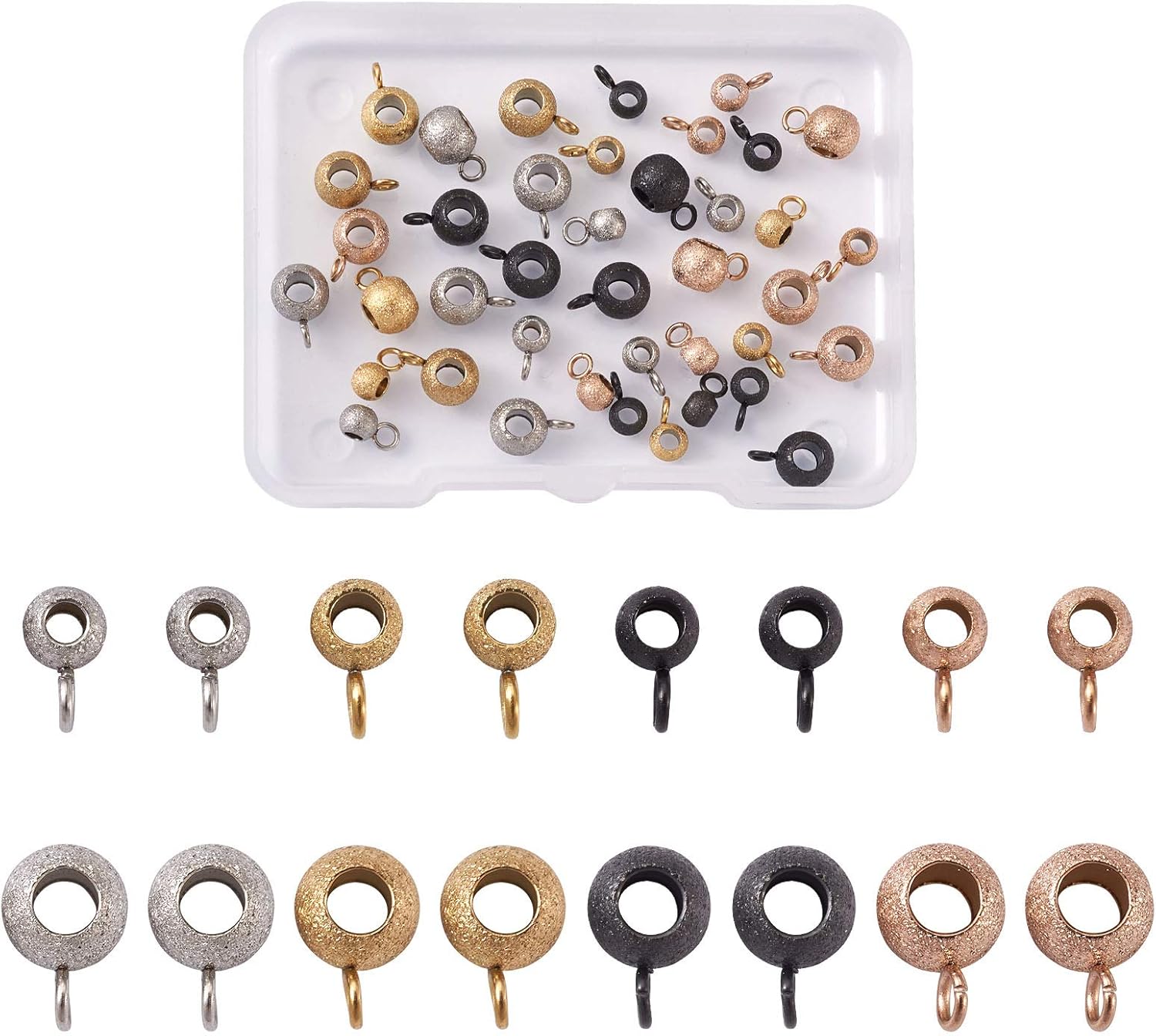100Pcs 4mm Stainless Steel Round Bail Beads Hanger Links Gunmetal Textured Rondelle Dangle Charm Pendants for European Bracelet Jewelry Making