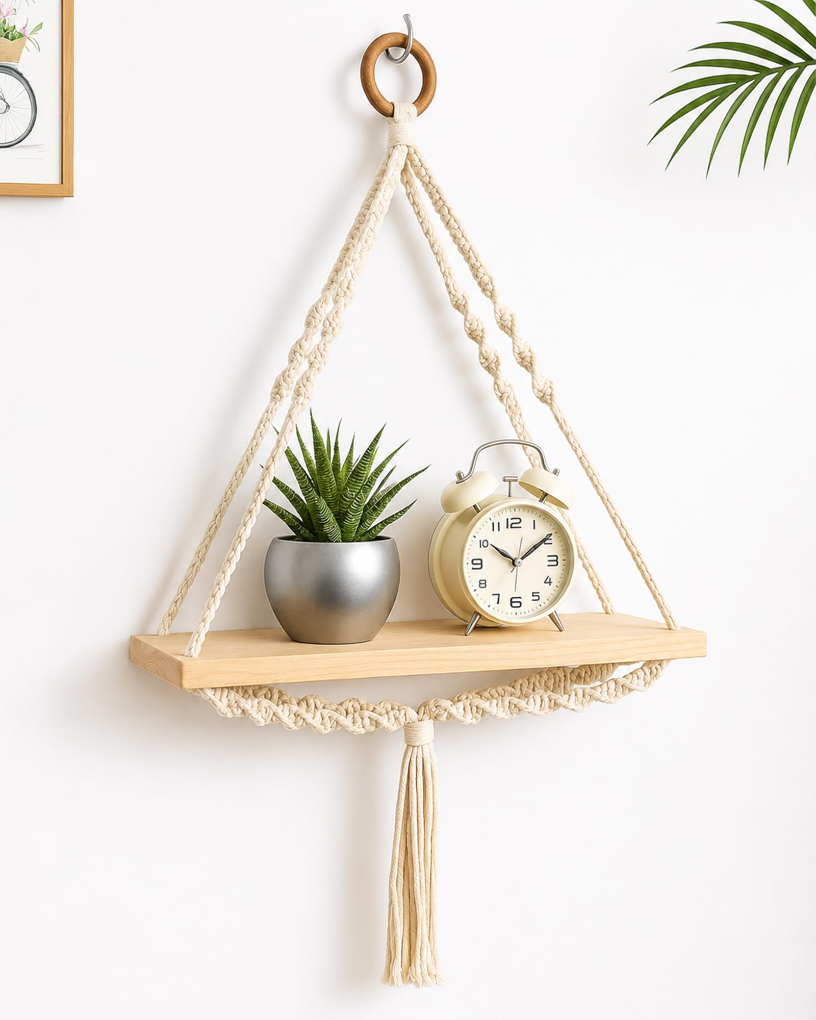 Homesake Macrame Wall Hanging Shelf Woven Home Decor Wood Floating Storage Shelf Bohemian Handmade Cotton Rope,Living Room, Balcony, Garden, (71 L x 40 W), Beige-image-37