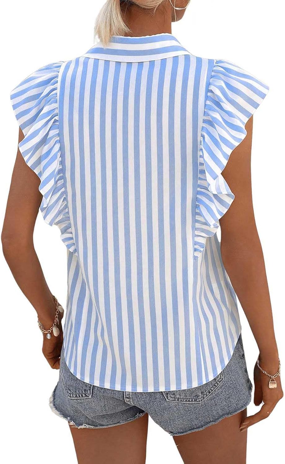 WDIRARA Women's Striped V Neck Button Front Top Ruffle Cap Sleeve Shirt Casual Blouse - Image 2