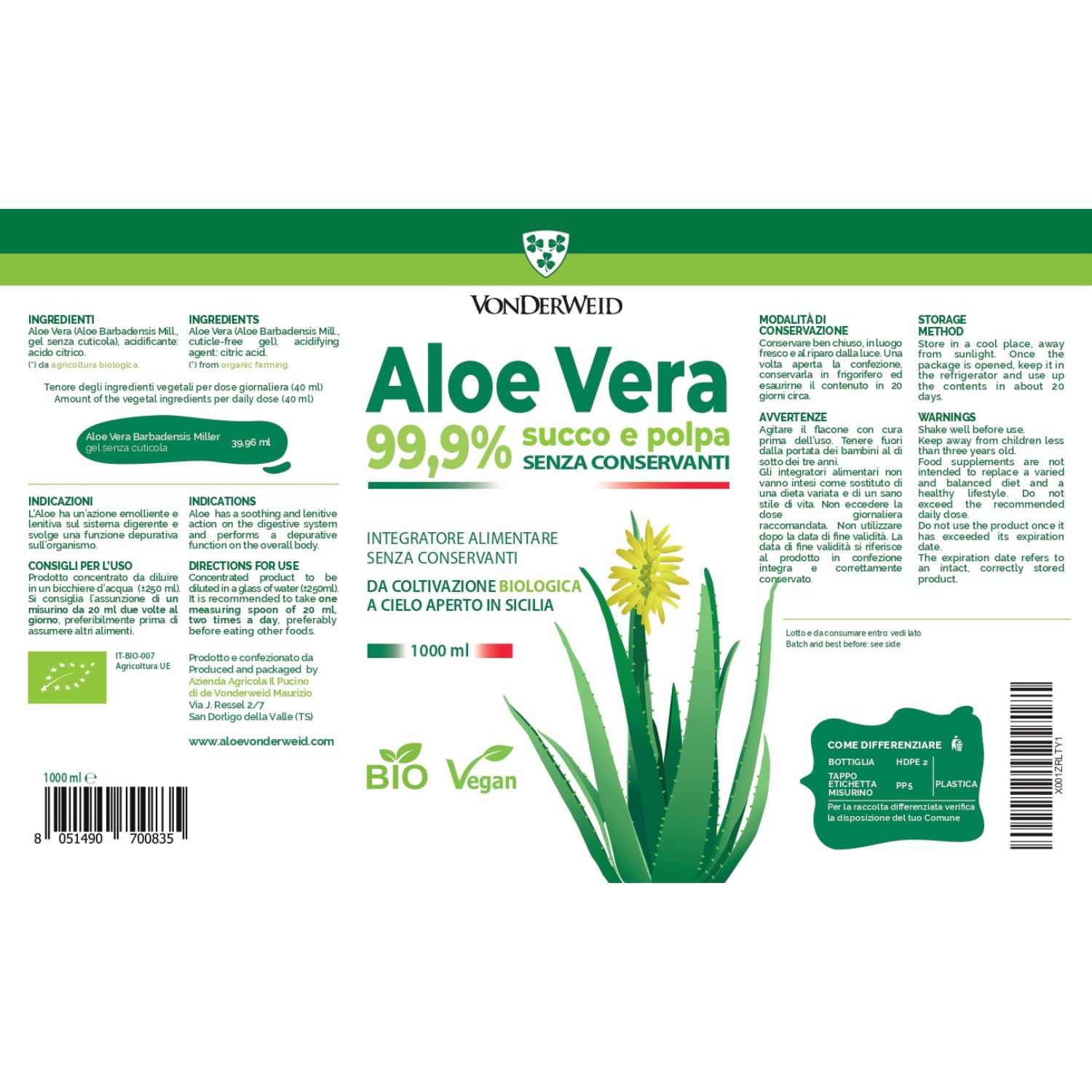 Vonderweid - Puro Succo di Aloe Vera Italiana Biologica | Integratore Alimentare Depurativo Digestivo Lenitivo e Nutriente con Aloe Vera da Bere | Non Filtrato | Made in Italy | 1000 mL