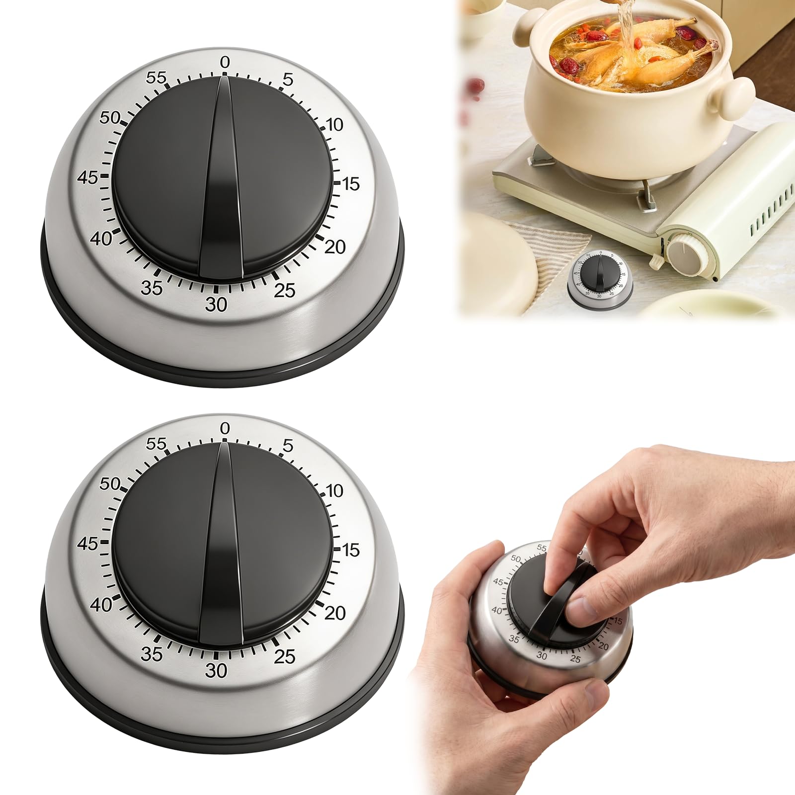 Hounyou 2 Pcs Kitchen Timers for Cooking, No Batteries Required Loud Egg Timers for Boiling Eggs Mechanical with Alarm, Stainless Steel Body