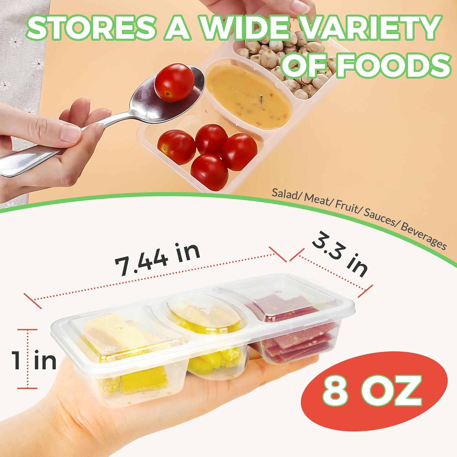 MACTANO 8 OZ Reusable Snack Containers with Lids, New 3 Compartment Condiment Snack Pack Containers 20 Sets - Image 7