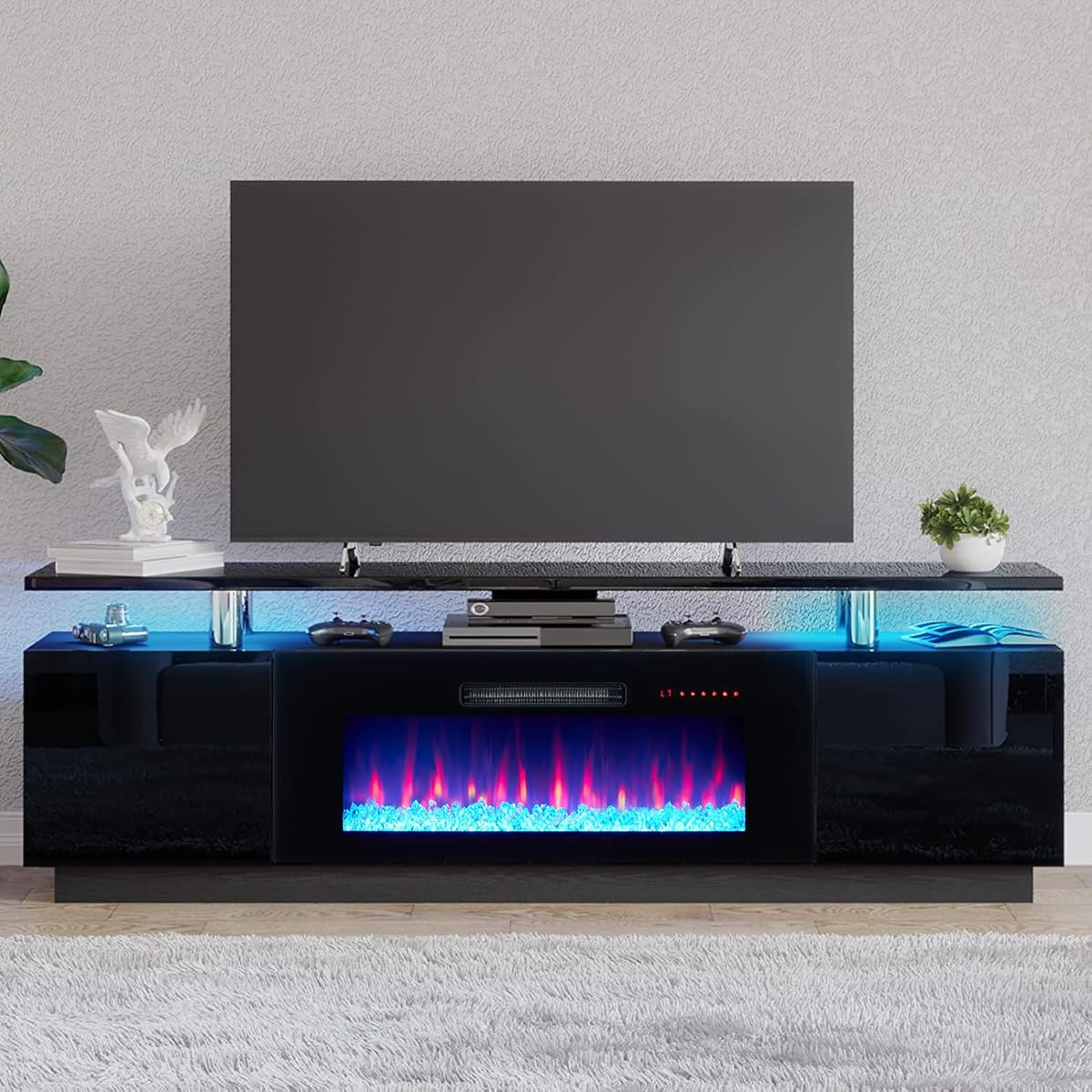 AMERLIFE Fireplace TV Stand with 36" Fireplace, 70" Modern Fireplace Entertainment Center LED Lights, 2 Tier TV Console Cabinet for TVs Up to 80", Obsidian Black