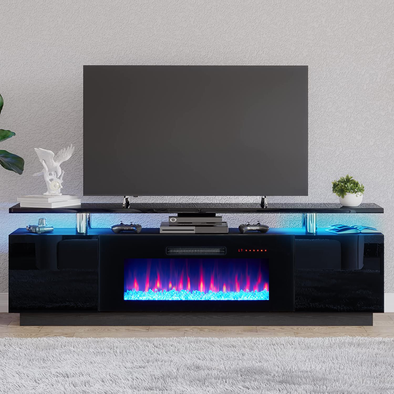 AMERLIFE 70" High-Gloss Fireplace TV Stand with 36" Electric Fireplace