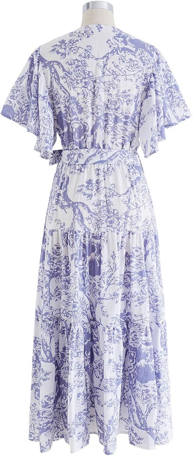 CHICWISH Women Summer V Neck Faux-Wrap Dress Branch Printed Casual Long Dress Flutter Short Sleeve Maxi Dresses with Belt - Image 3
