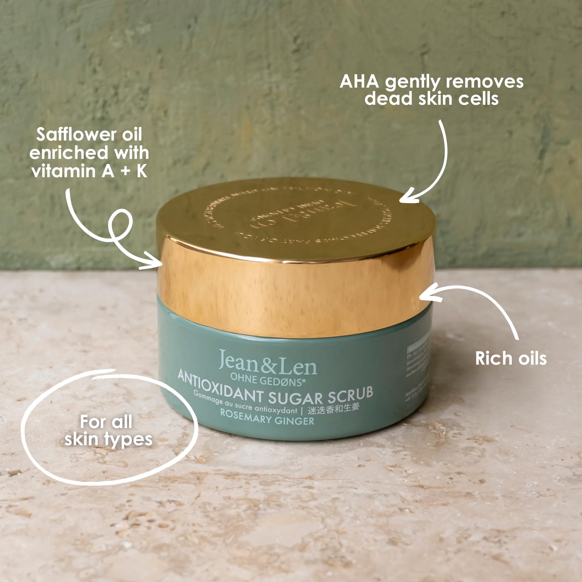 Jean & Len Przeciwutleniacz, cukier peeling rozmarynowy i imbir, dla pachnącego doznania czyszczenia, z bogatymi olejkami, wysokiej jakości tygiel, peeling cukrowy bez parabenów i silikonów, 200 ml