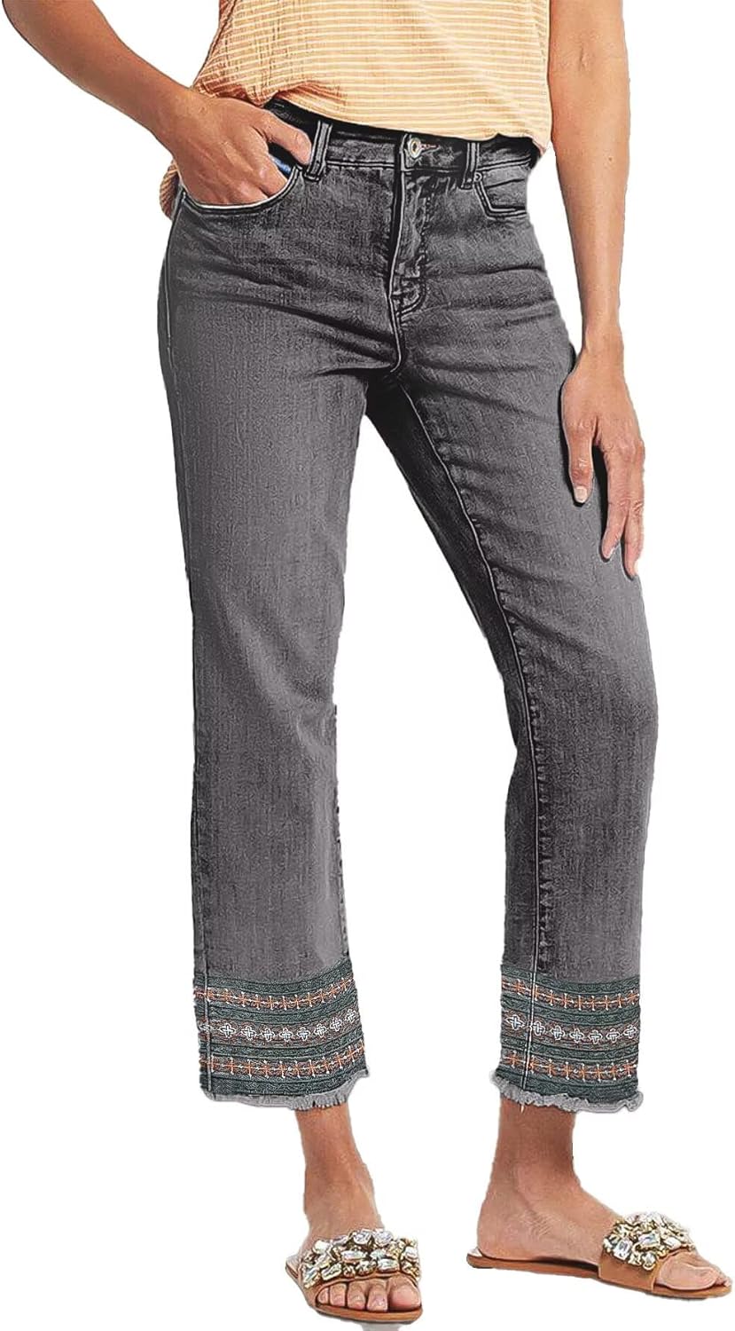 Flamingals Straight Leg Jeans for Women Low Rise Cropped Jeans Wash Embroidery Raw Hem Denim Pants Gray XL
