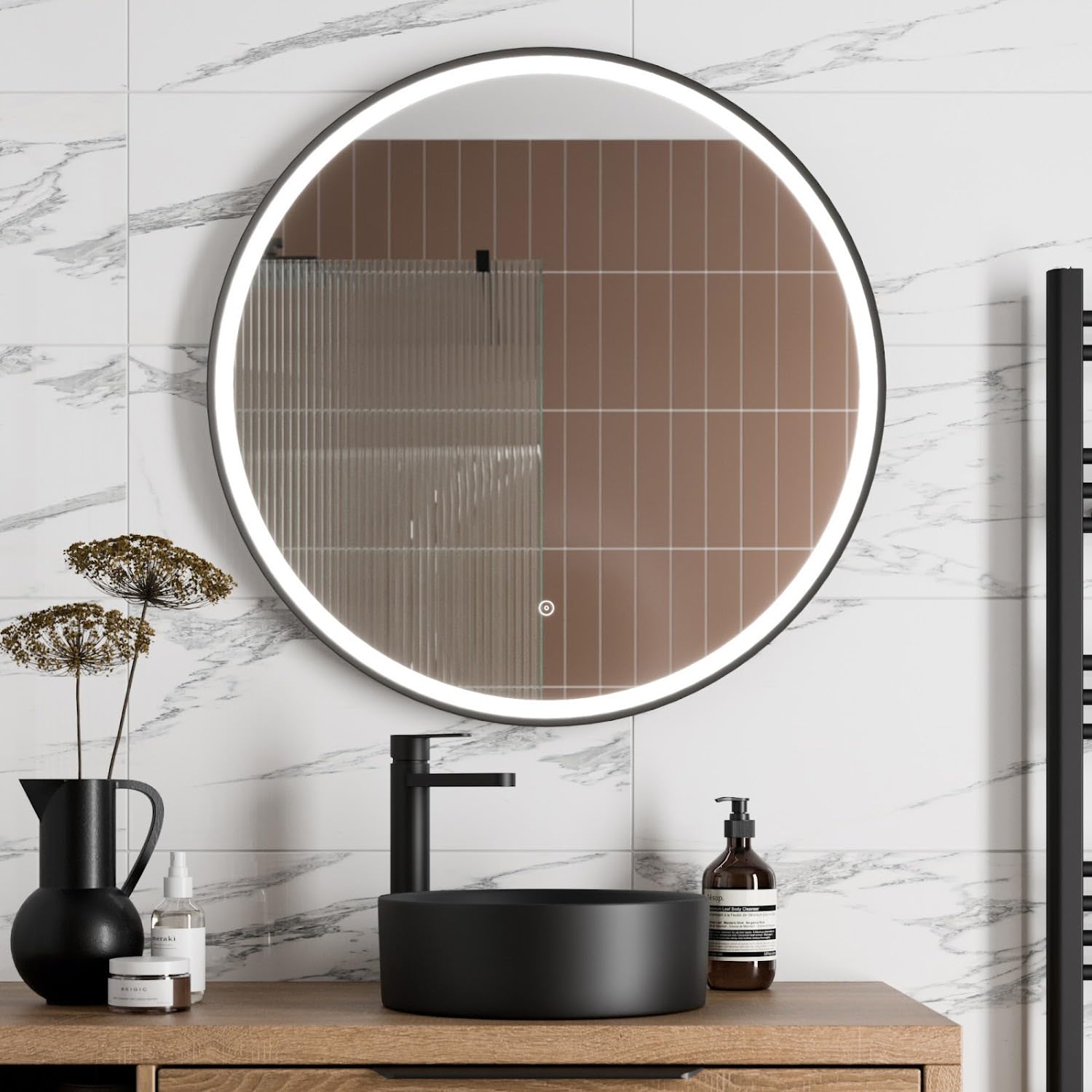 BAYSTONE® 800 x 800mm Bathroom Mirror with LED Lights Wall Mounted Demister Illuminated Mirrors for Bathrooms, Mains Powered, Matt Black, Touch Sensor