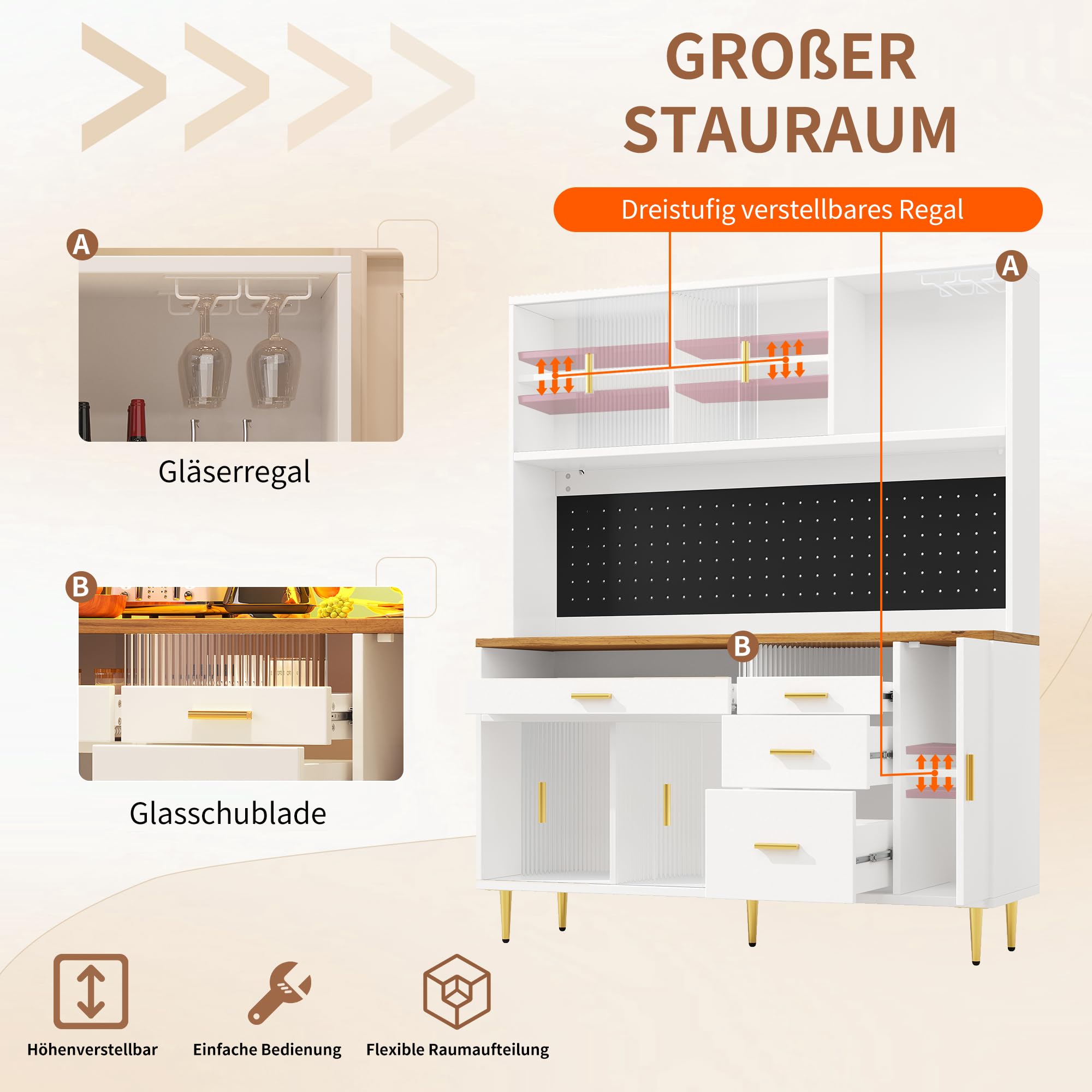 Armadio da cucina, vetrina, con illuminazione a LED, armadio alto con mensole forate, armadio da bar con porta bicchieri di vino e spazio di archiviazione, per cucina e sala da pranzo (bianco