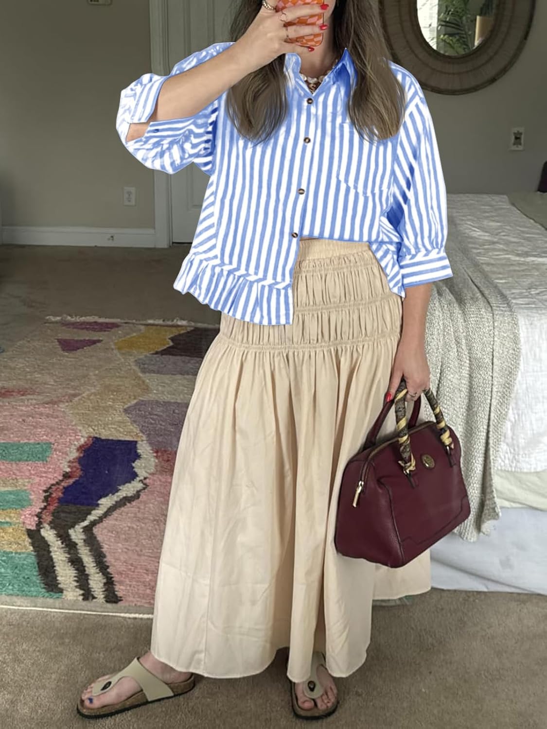 Cicy Bell Womens Cropped Striped Button Down Shirts Ruffle 3/4 Length Sleeve Summer Tops Dressy Casual Blouses - Image 3