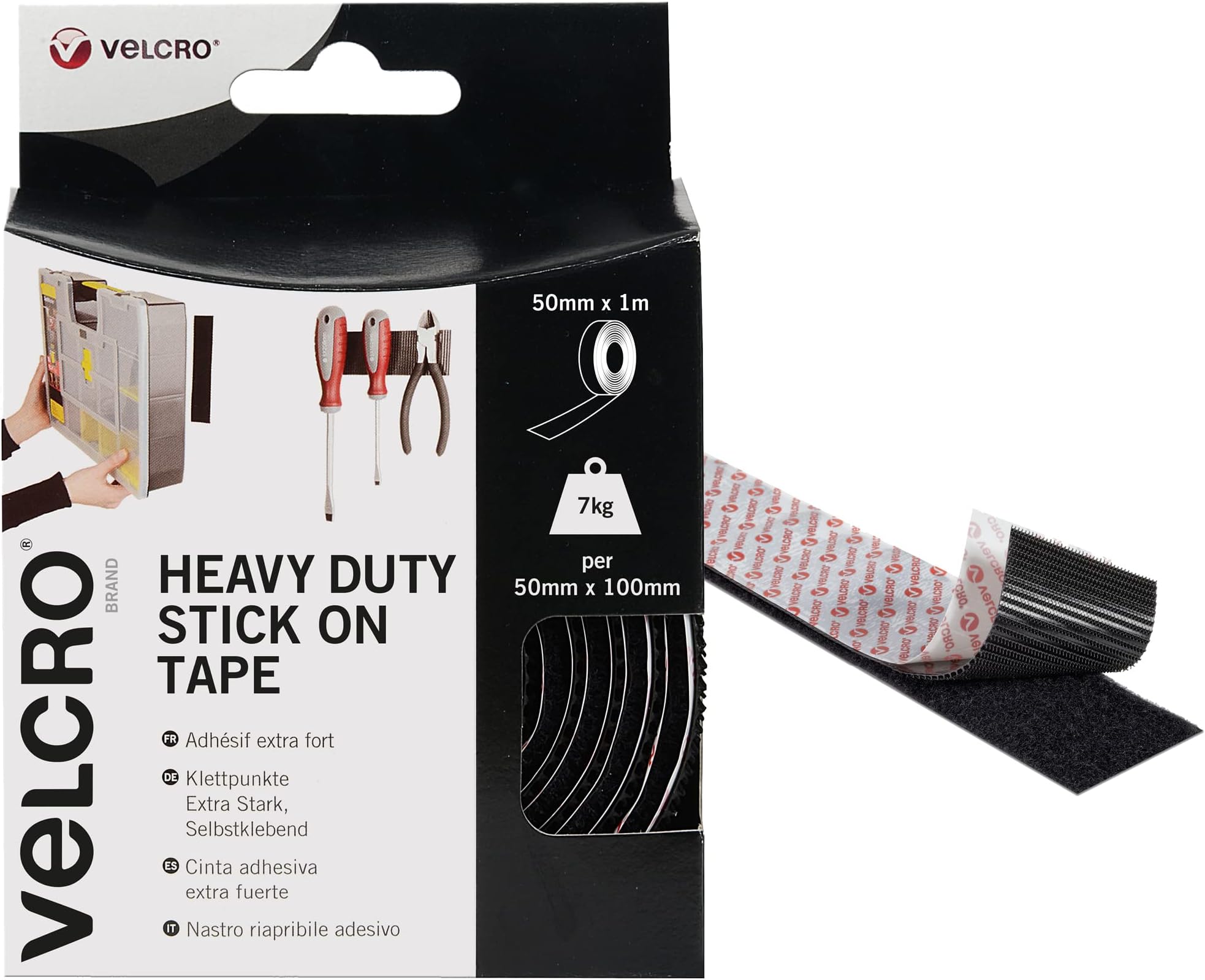 VELCRO Brand Heavy Duty Stick On Tape Cut-to-Length Industrial Extra Strong Double Sided Hook & Loop Self Adhesive Tape Perfect for Room Décor & Home, Office, Garage Use Black 50mm x 1m