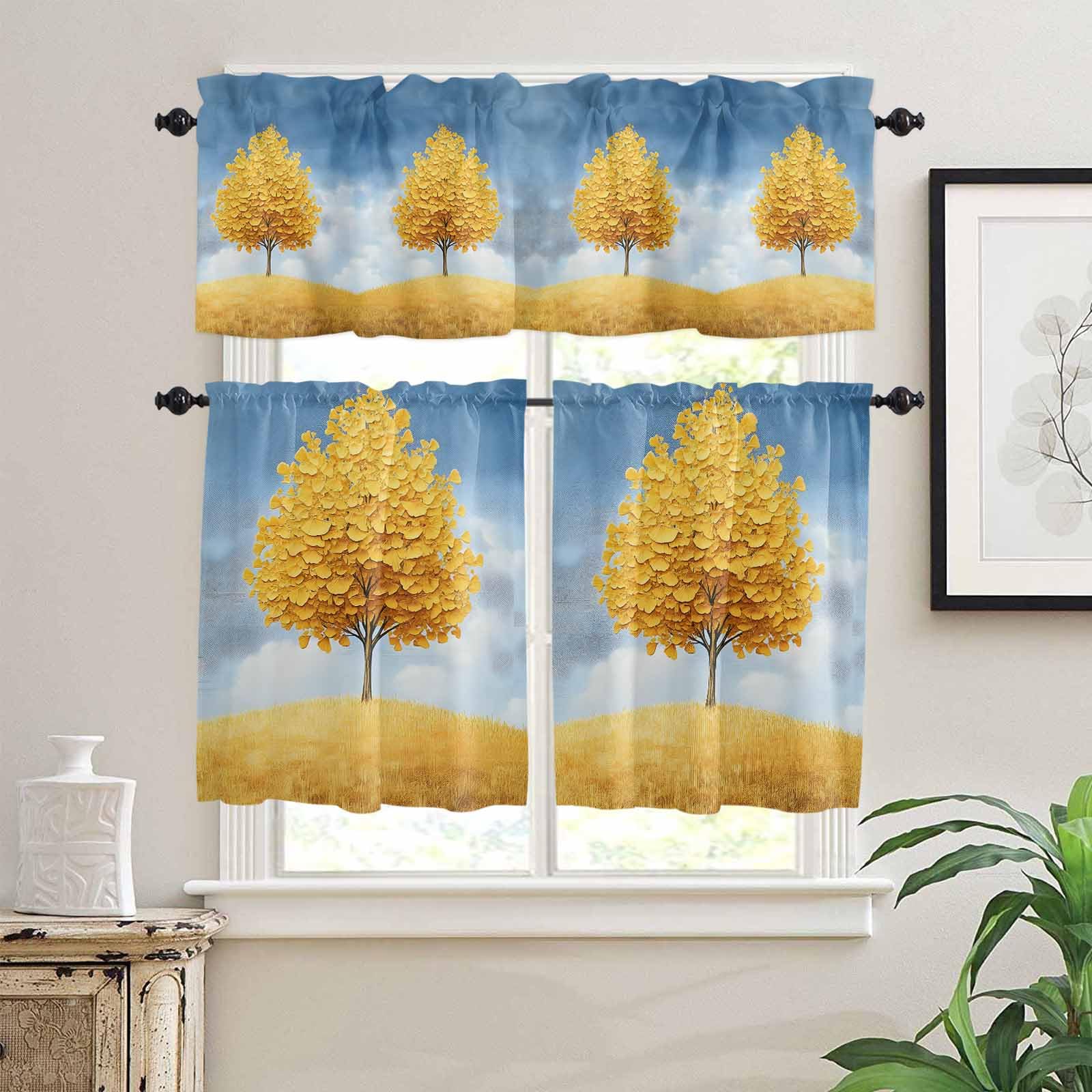 Yellow Tree Kitchen Curtains 24 Inch Length, 3 Piece Rod Pocket Small Half Tiers and Valance Set, Autumn Leaves Blue Sky Watercolor Small Large Window Treatment Decor for Bedroom/Bathroom Sink