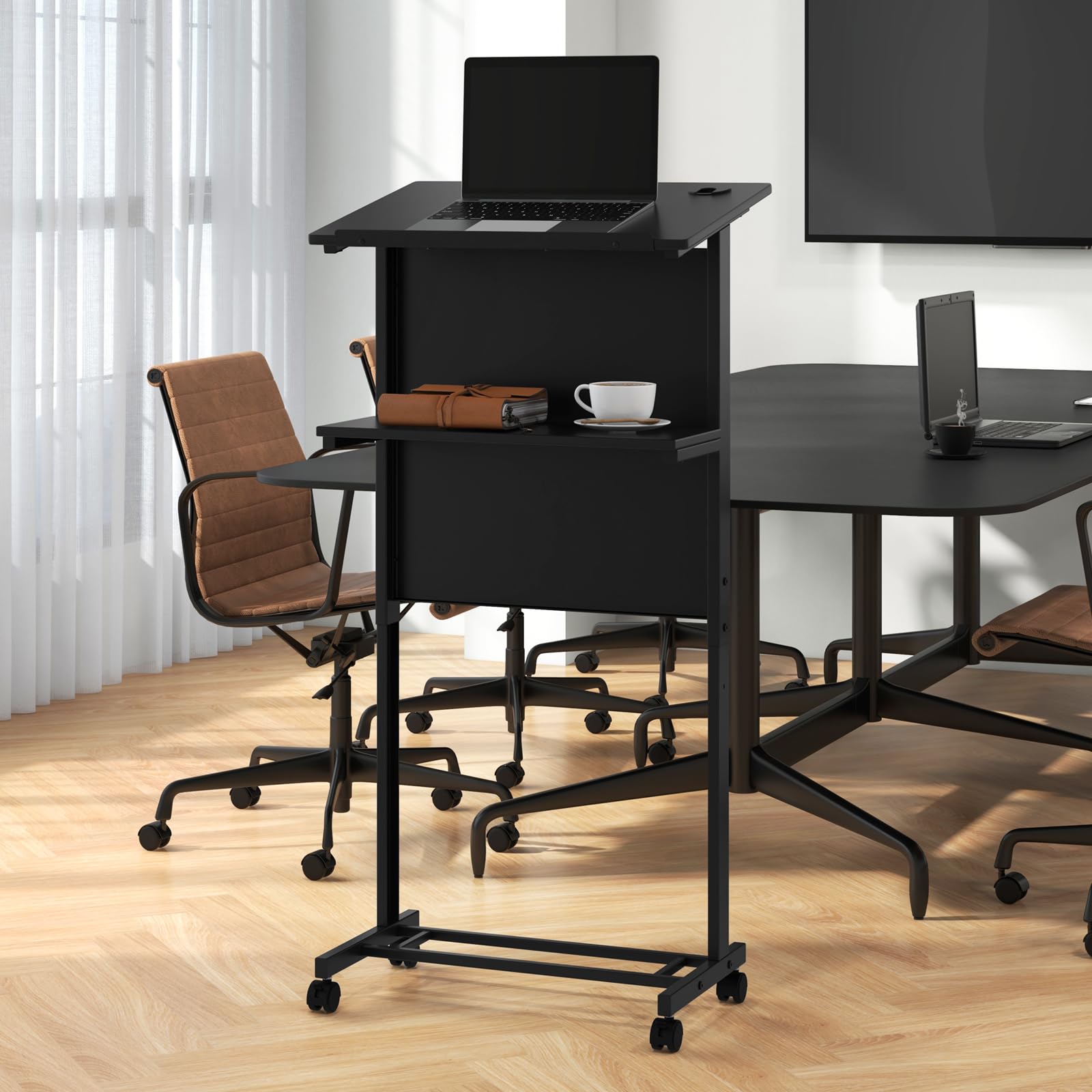 GYMAX Stehpult, Rednerpult mit 4 Rollen, höhenverstellbar Schreibtisch mit stabilem Metallrahmen, Ablagefläche & Kabelloch, Laptoptisch, mobiler Stehtisch für Büro & Zuhause, 60 x 40 cm, Schwarz