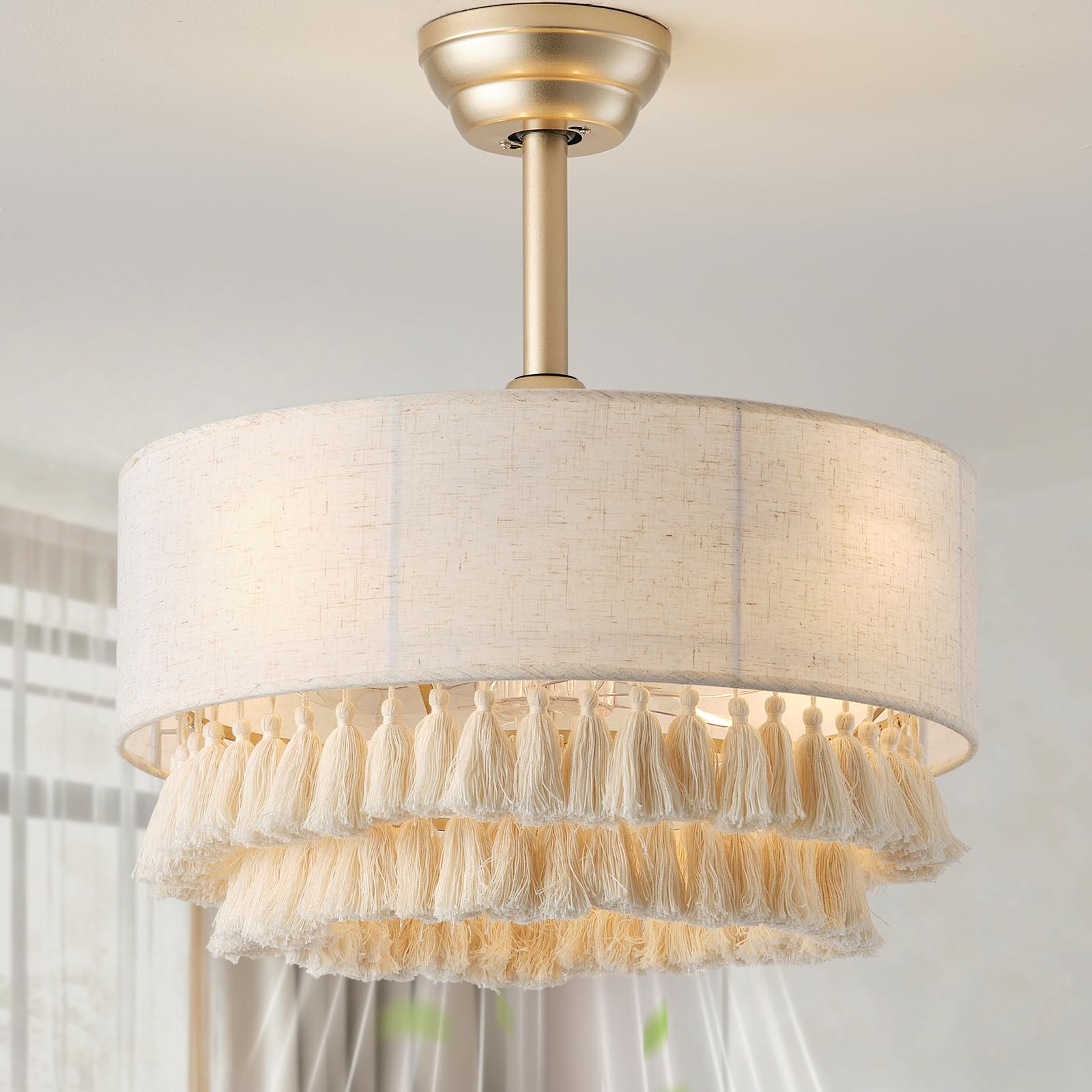 20" Gold Boho Fandelier Ceiling Fan with Light, Gold Boho Chandelier Ceiling Fans with Lights Remote Control, Caged 6-Speed for Bedroom, Nursery, Living Room