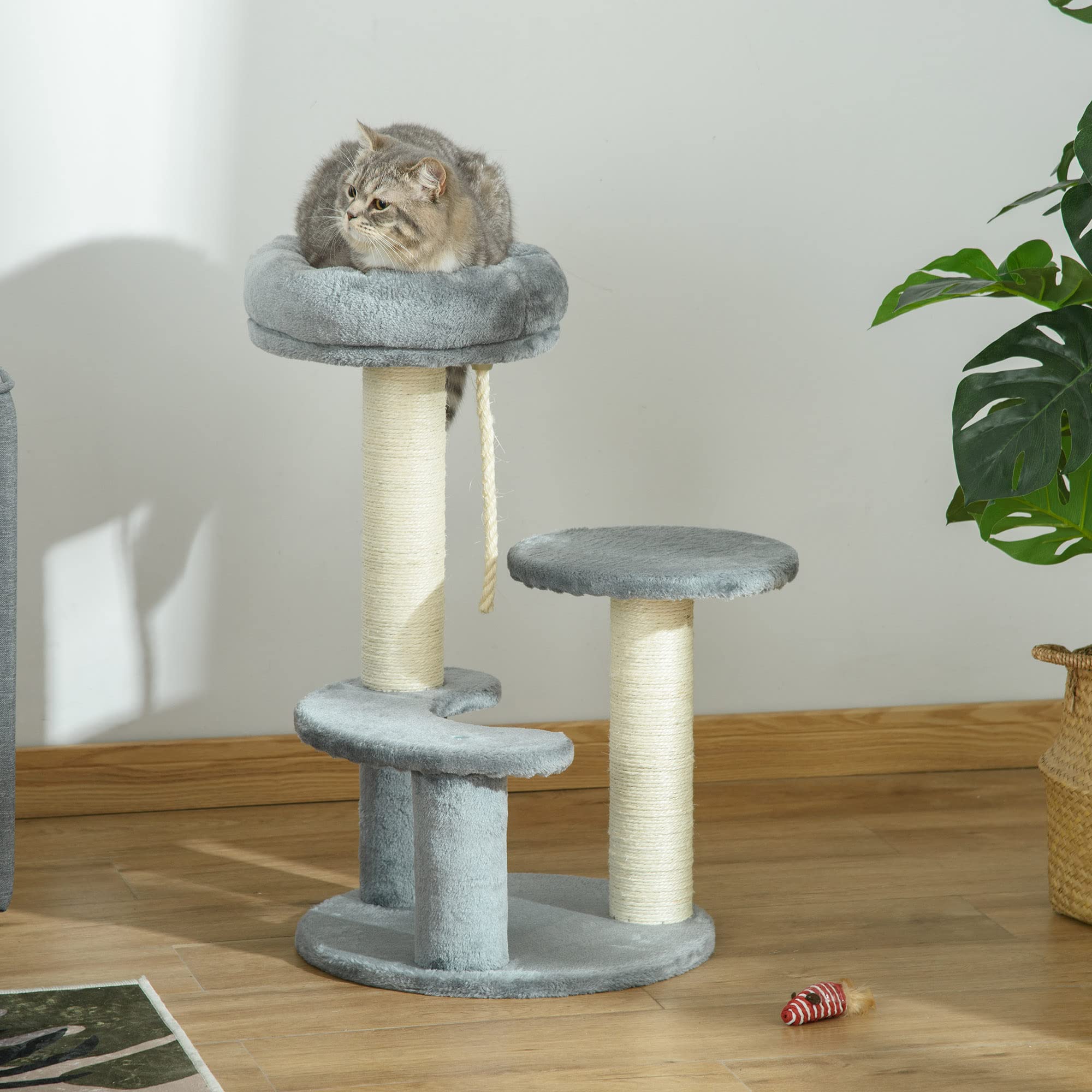 PawHut Albero Tiragraffi Gatti a 3 Livelli in Peluche Sisal Naturale Grigio Ф40x65cm | Piattaforme, Lettino, Pali in Sisal, Torre per Gatti, Rivestimento in Peluche